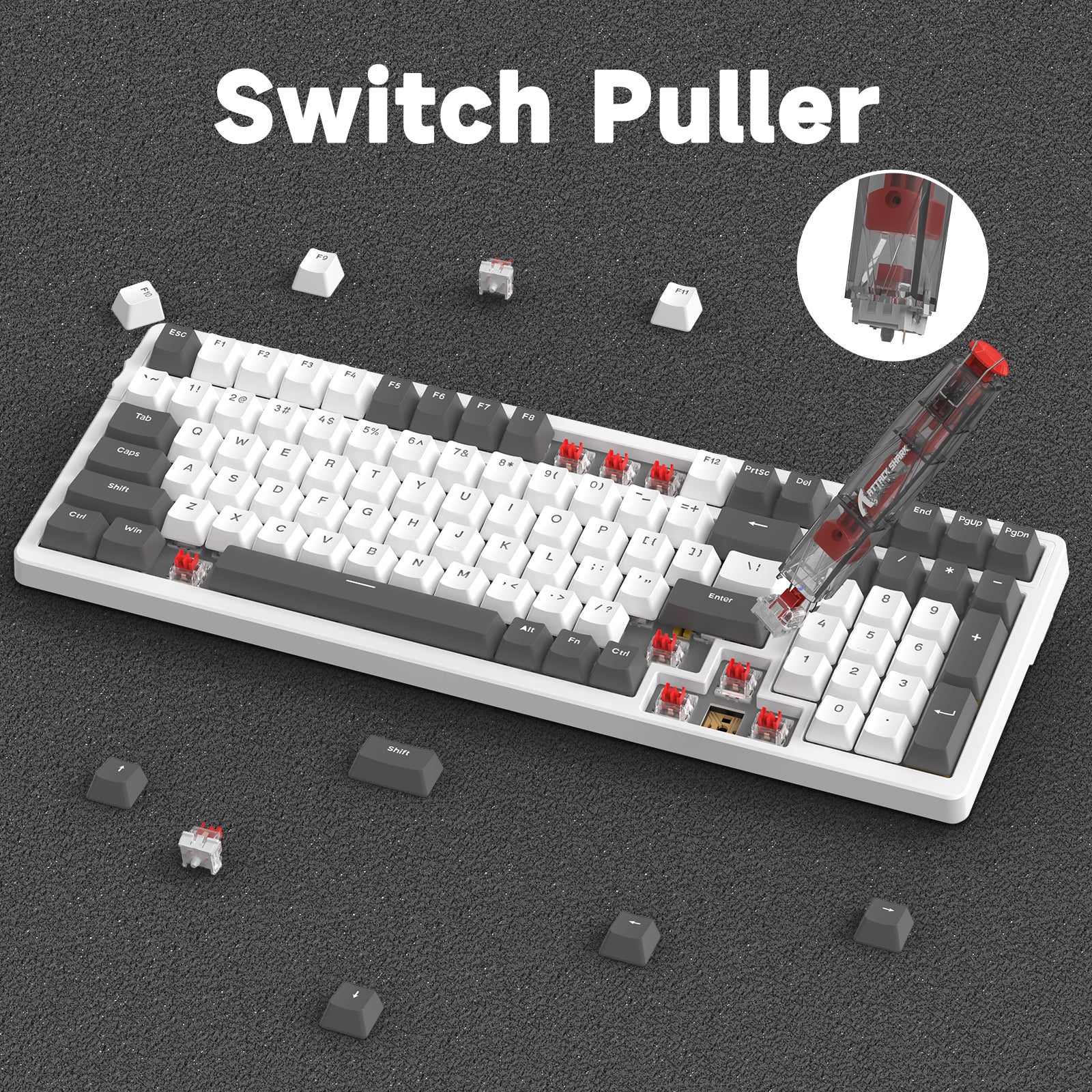 Attack Shark switch puller demonstrating use on a mechanical keyboard.