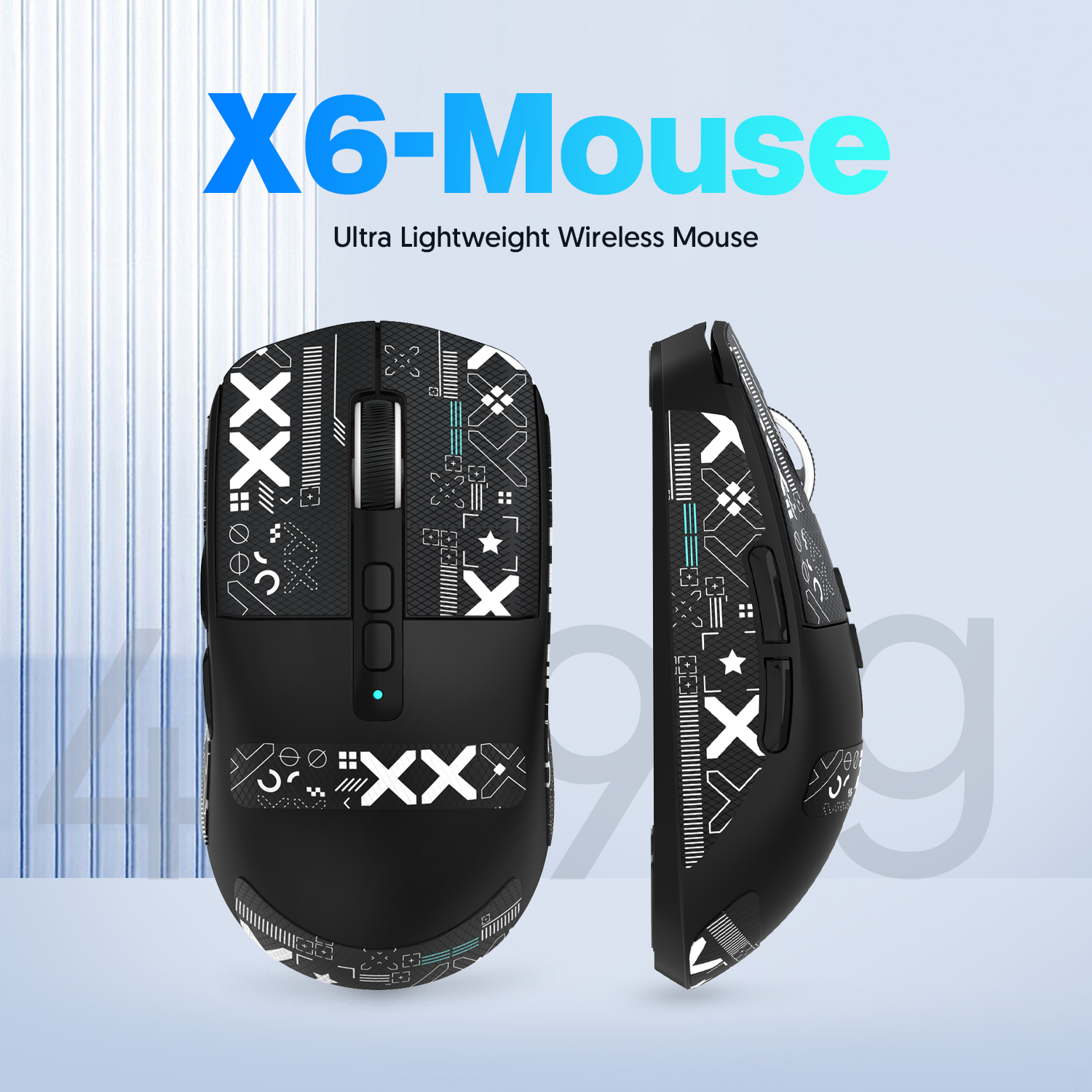 X6 wireless gaming mouse with geometric grip tape for enhanced gameplay control