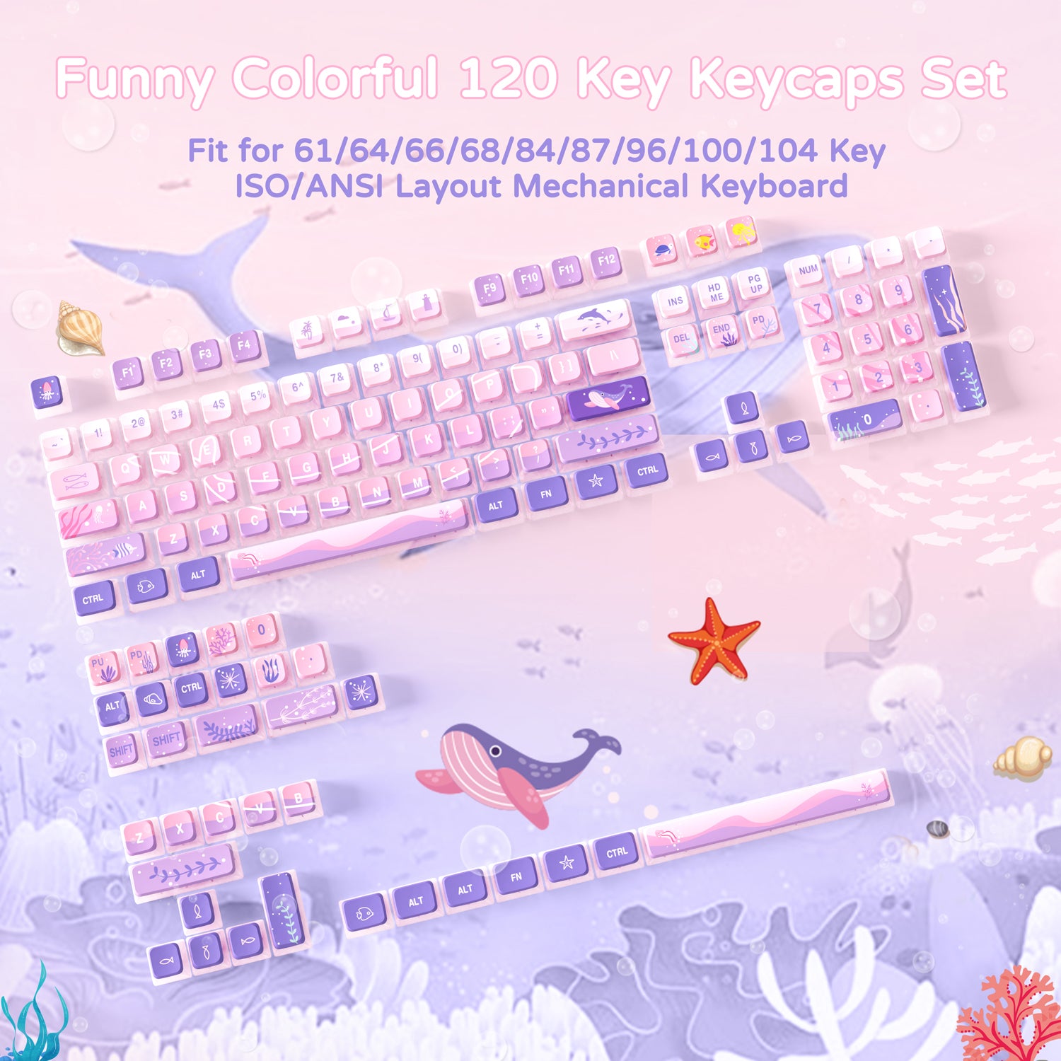 Colorful 120 key keycaps set with ocean-themed whale and sea creature designs.