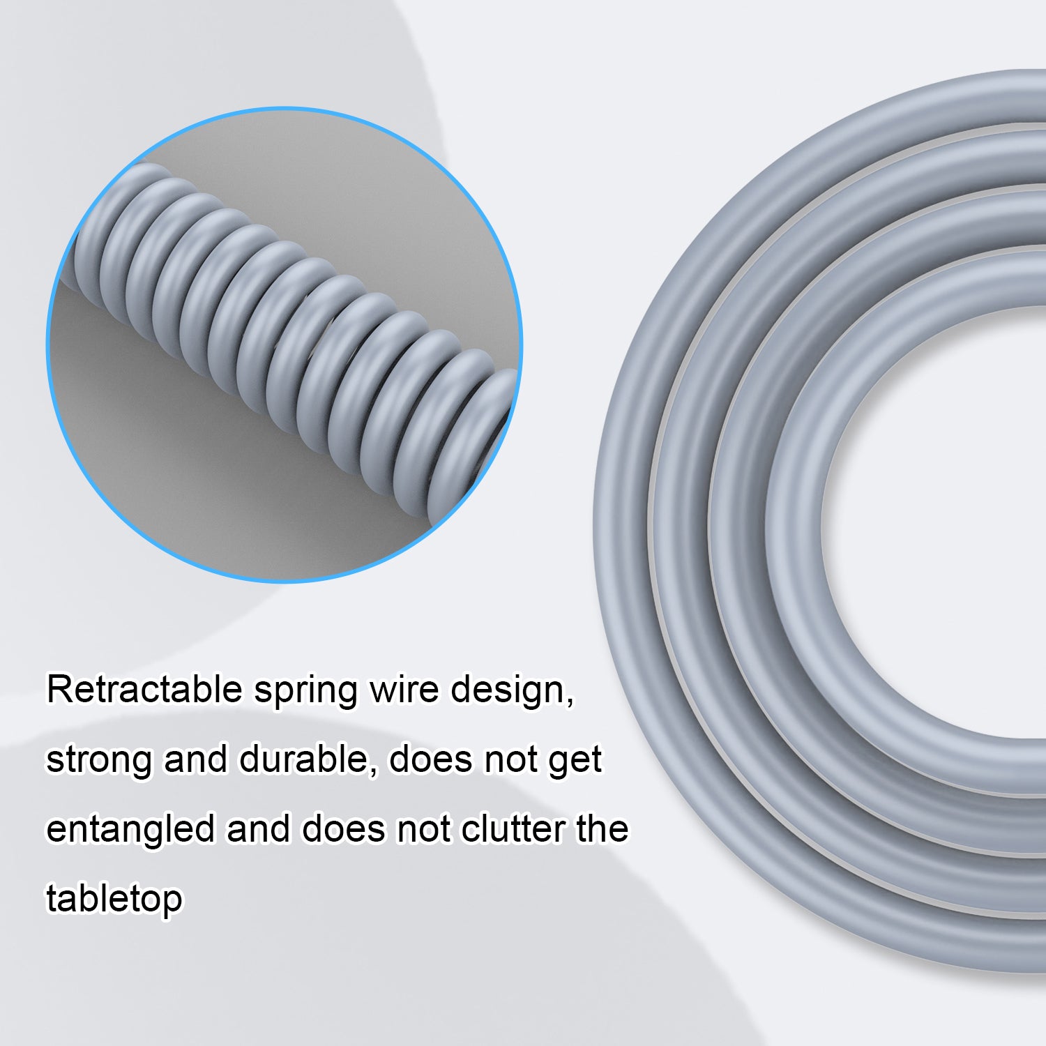 Coiled USB-C keyboard cable with retractable spring design prevents tangling and clutter.