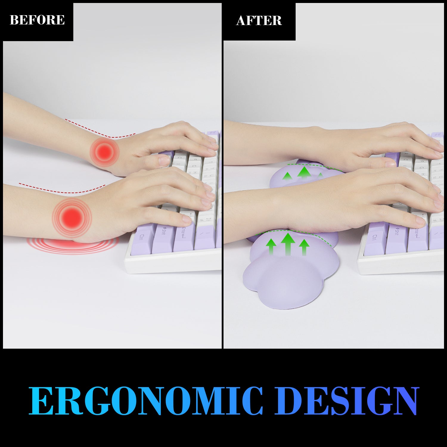 Illustration of wrist pain relief using ergonomic cloud-shaped wrist rest.