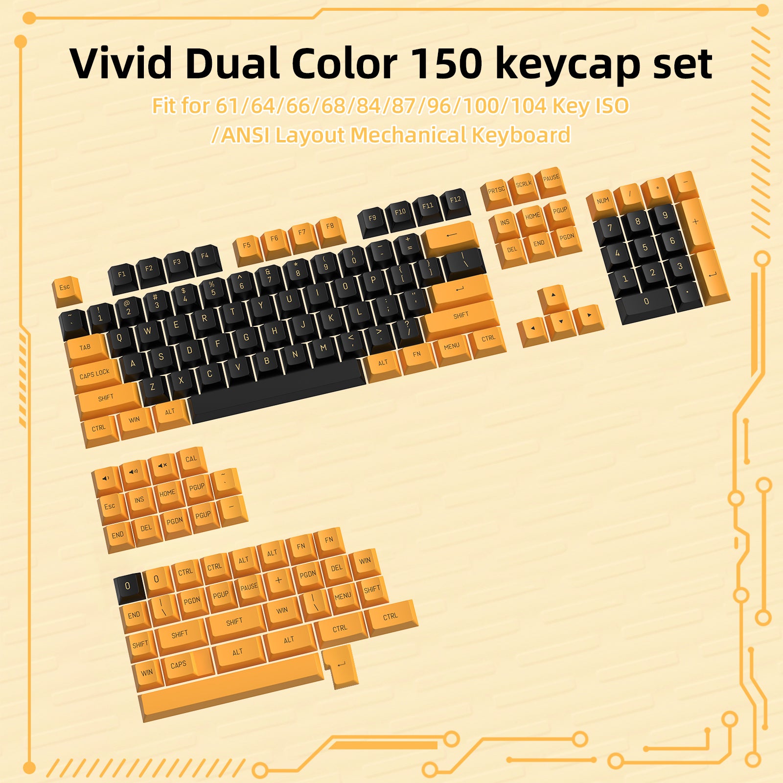 Dual color yellow and black 150 keycap set for ANSI layout mechanical keyboards.