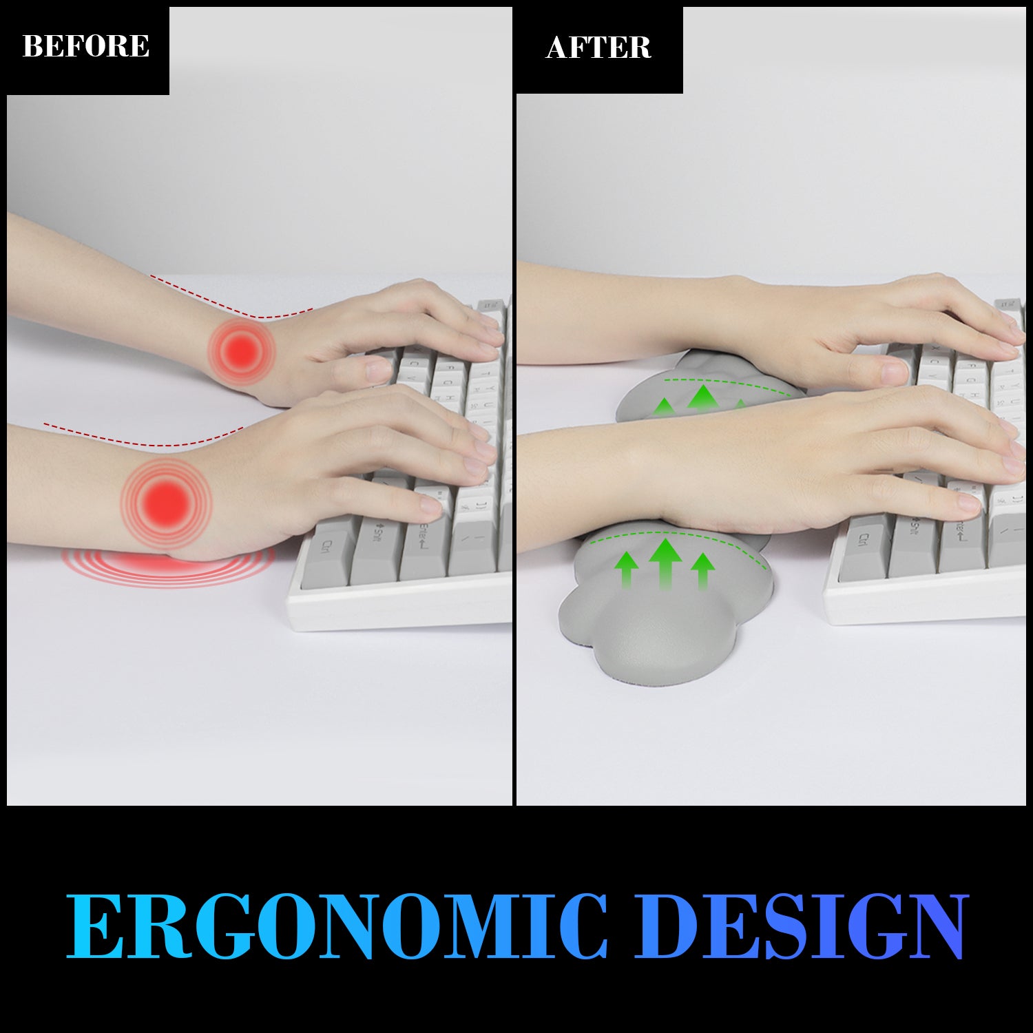 Comparison of wrist strain before and after using ergonomic cloud wrist rest.