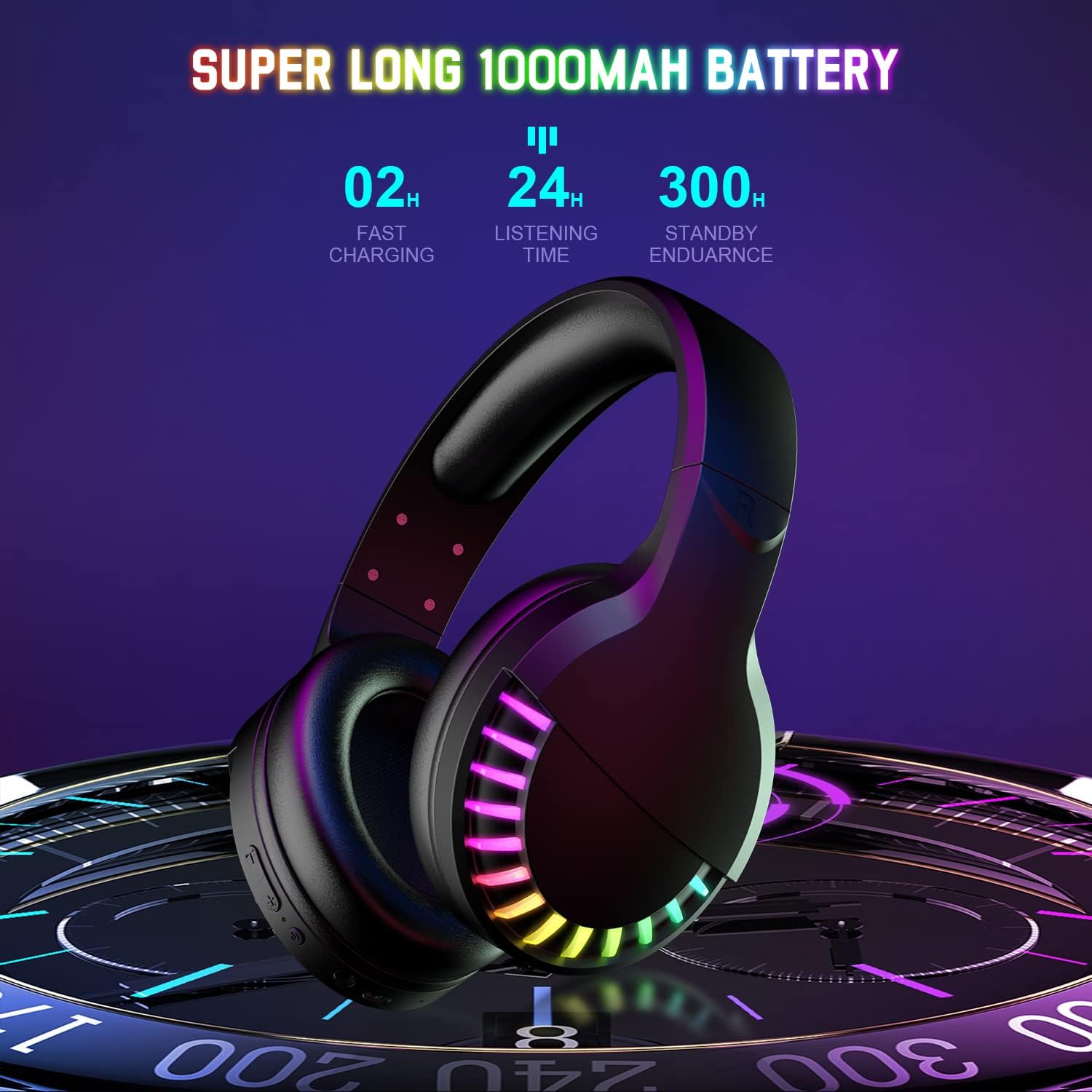 Wireless headset with RGB lights, 1000mAh battery for up to 24 hours playtime