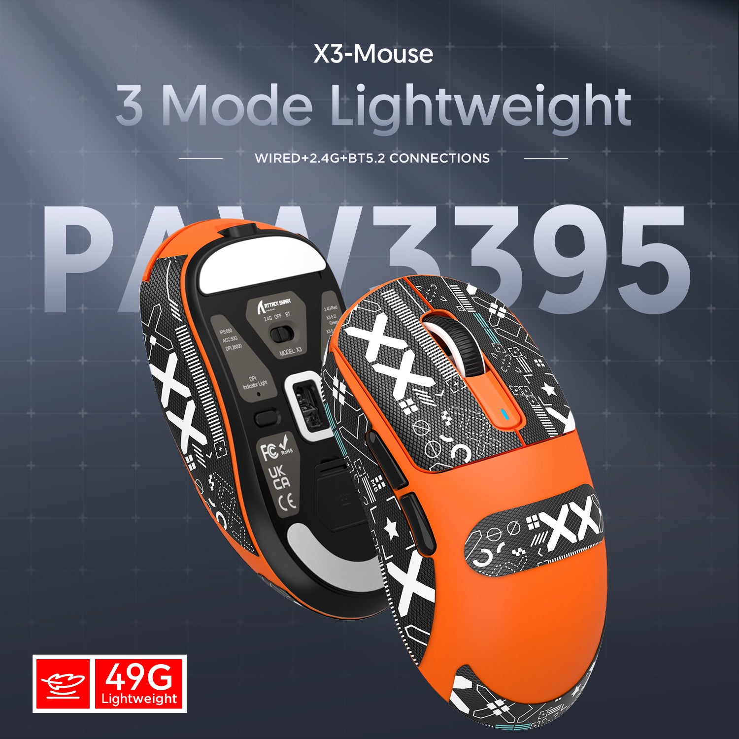 Orange Attack Shark X3 gaming mouse with tri-mode connections and 49g lightweight design