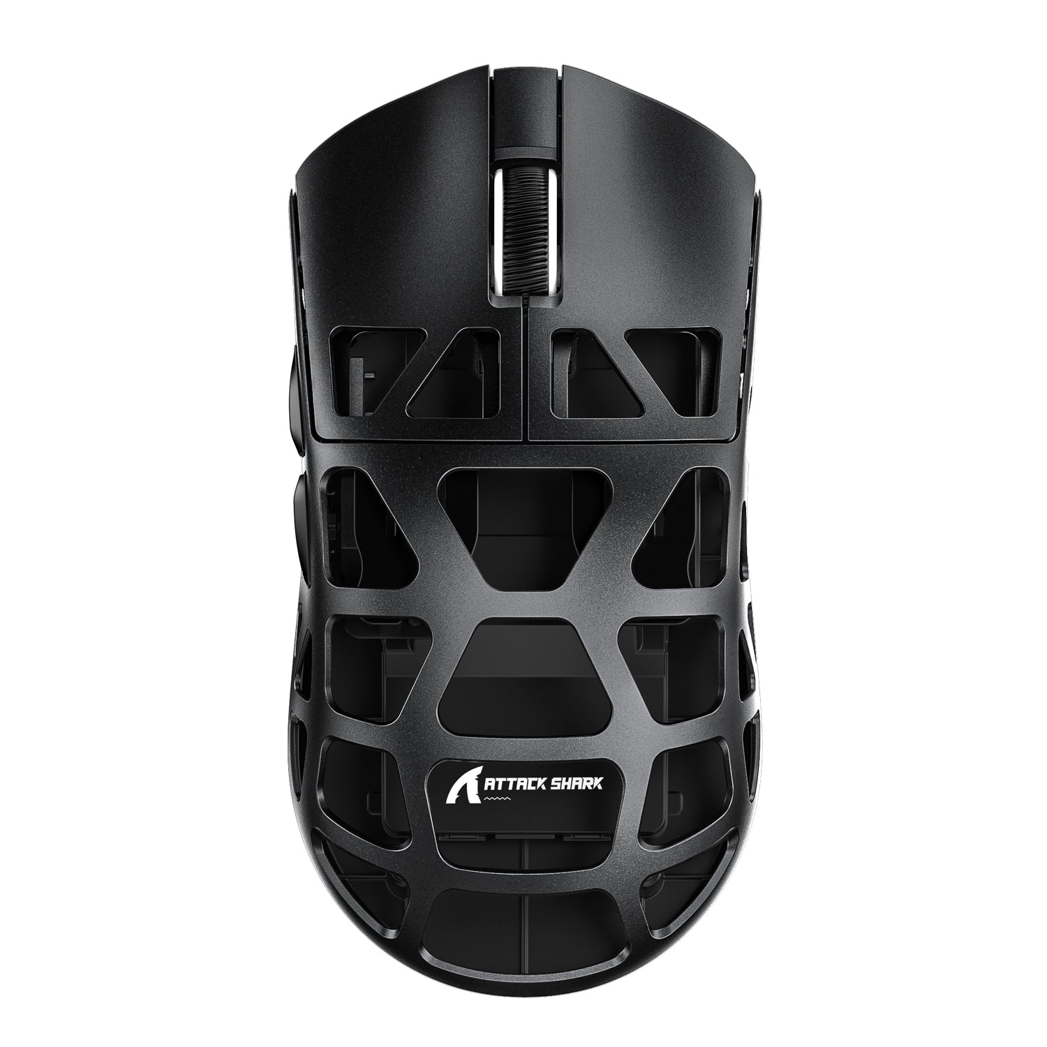 Top view of Attack Shark R3 lightweight gaming mouse with black holey shell design.