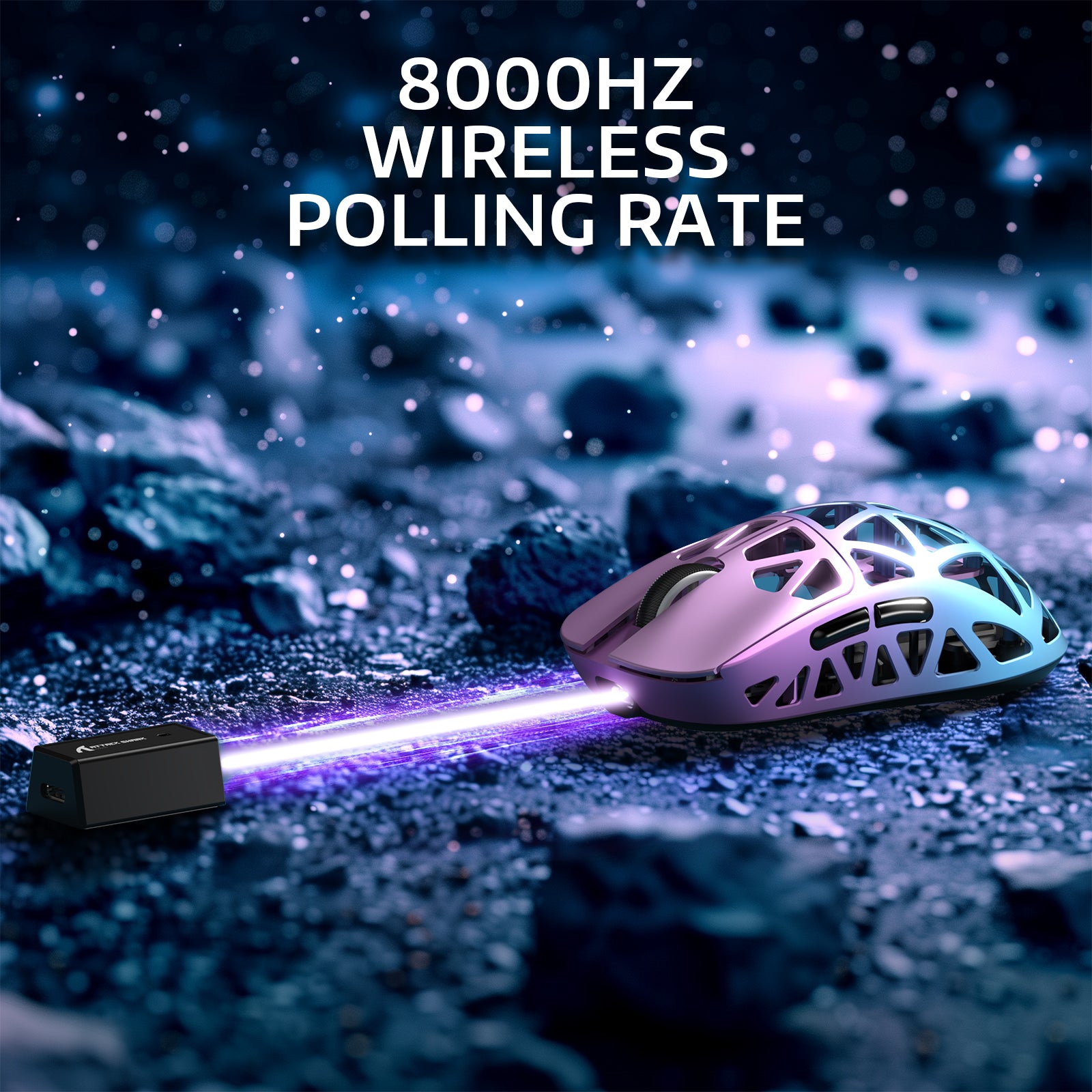 R2PRO gaming mouse with 8000Hz wireless polling rate and USB receiver on a textured surface.