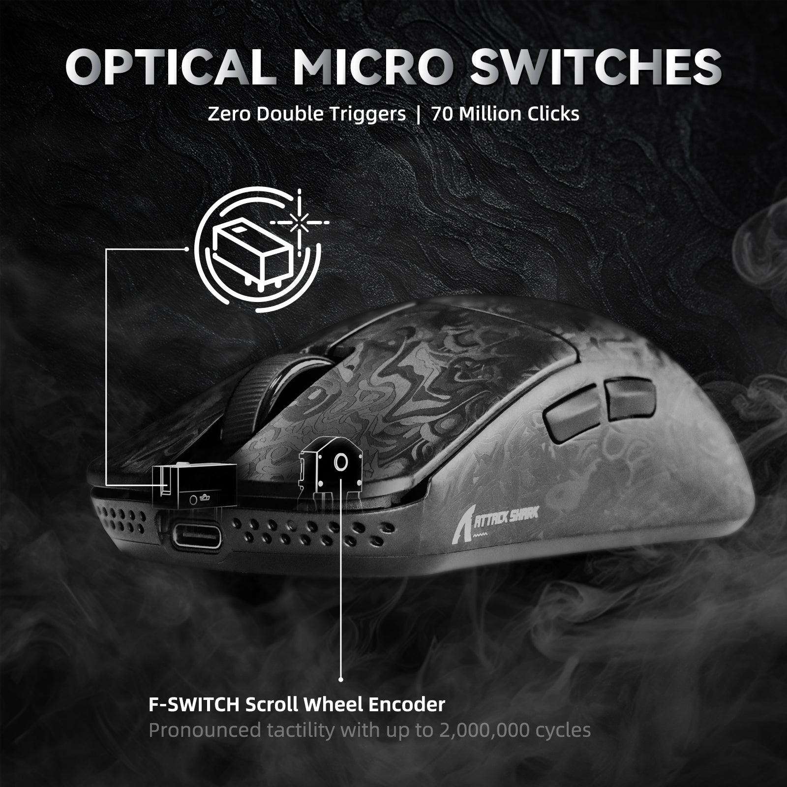 Attack Shark R11 ULTRA gaming mouse with carbon fiber texture, optical micro switches, and F-SWITCH encoder.
