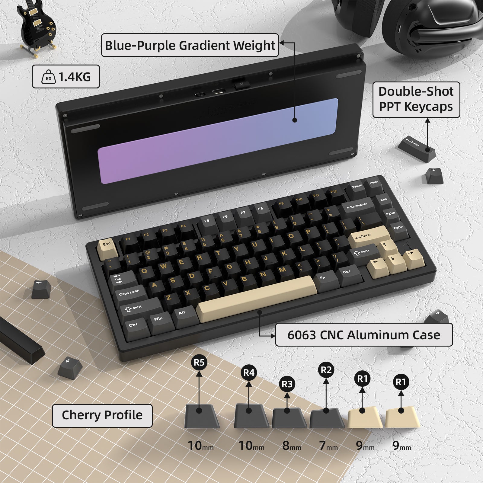 ATTACK SHARK X75 keyboard top view with blue-purple gradient and double-shot keycaps.