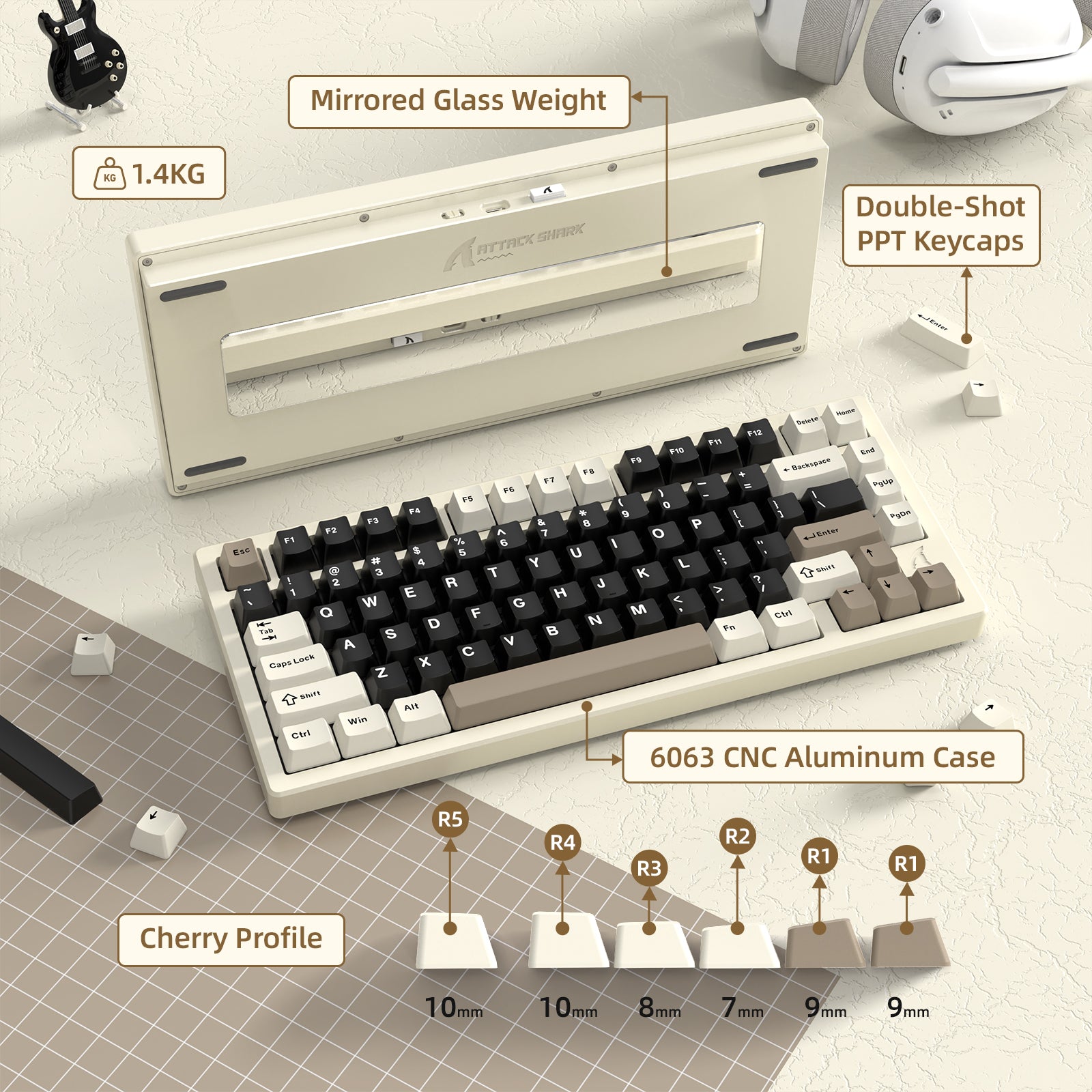 ATTACK SHARK X75 keyboard top view with beige and dark keycaps, mirrored glass weight features.