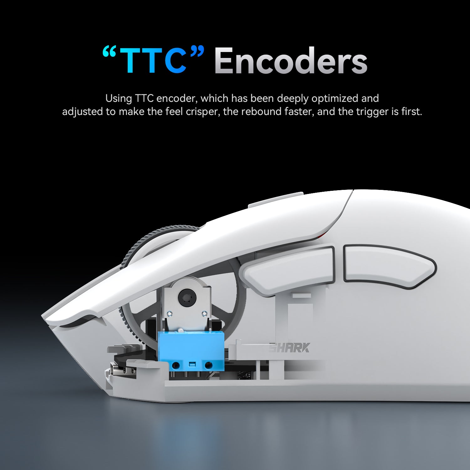 Close-up of Attack Shark R1 mouse showcasing the TTC encoder for enhanced performance.