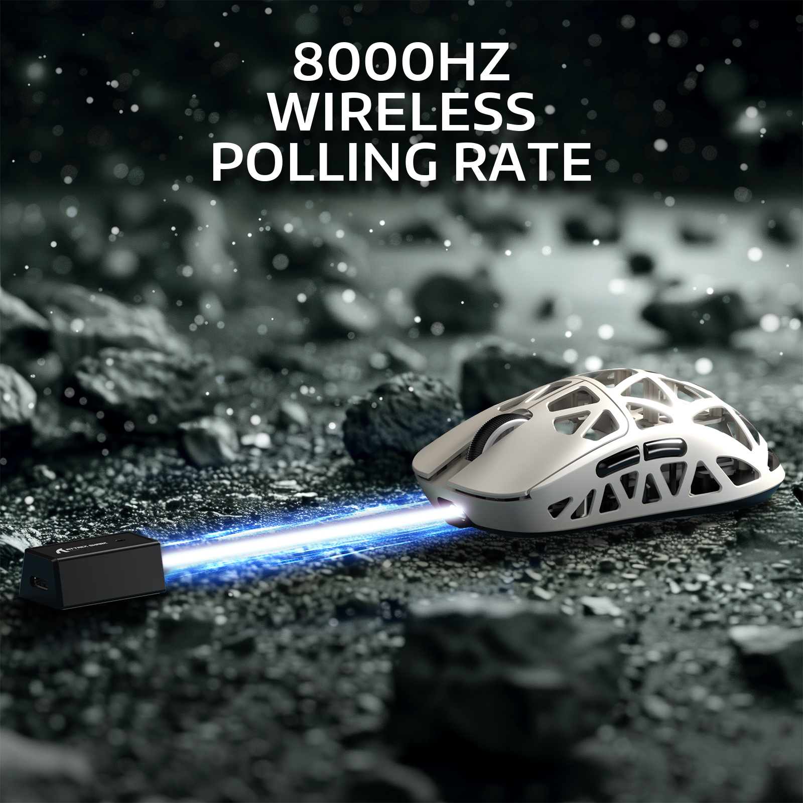 ATTACK SHARK R2PRO Gaming Mouse showcasing 8000Hz polling rate on textured surface with USB receiver.