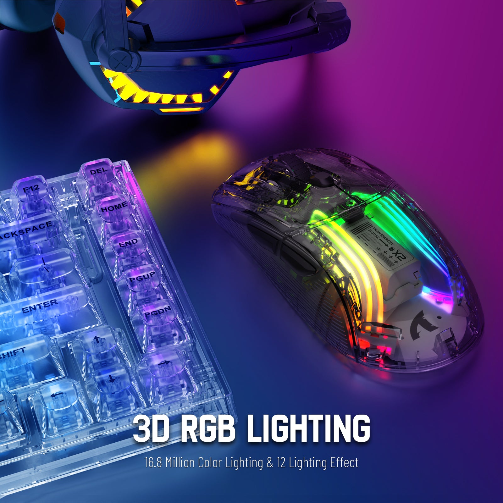 Attack Shark X2 wireless gaming mouse with 3D RGB lighting and transparent shell design.