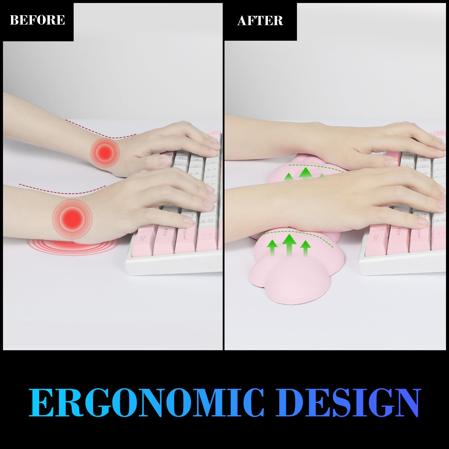 Before and after wrist strain relief using cloud-shaped ergonomic wrist rest.