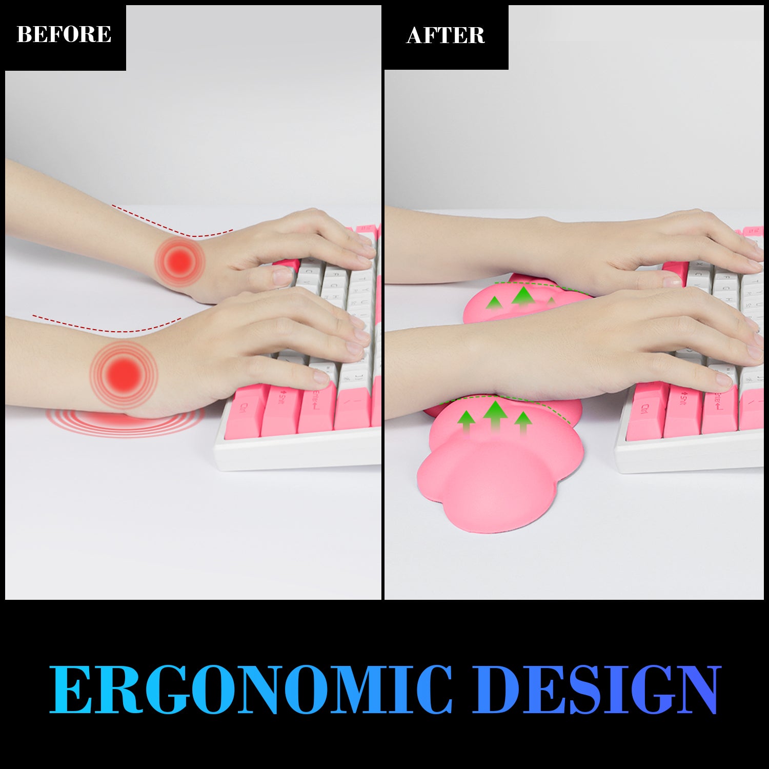 Comparison of wrist pain relief before and after using cloud-shaped ergonomic wrist rest.