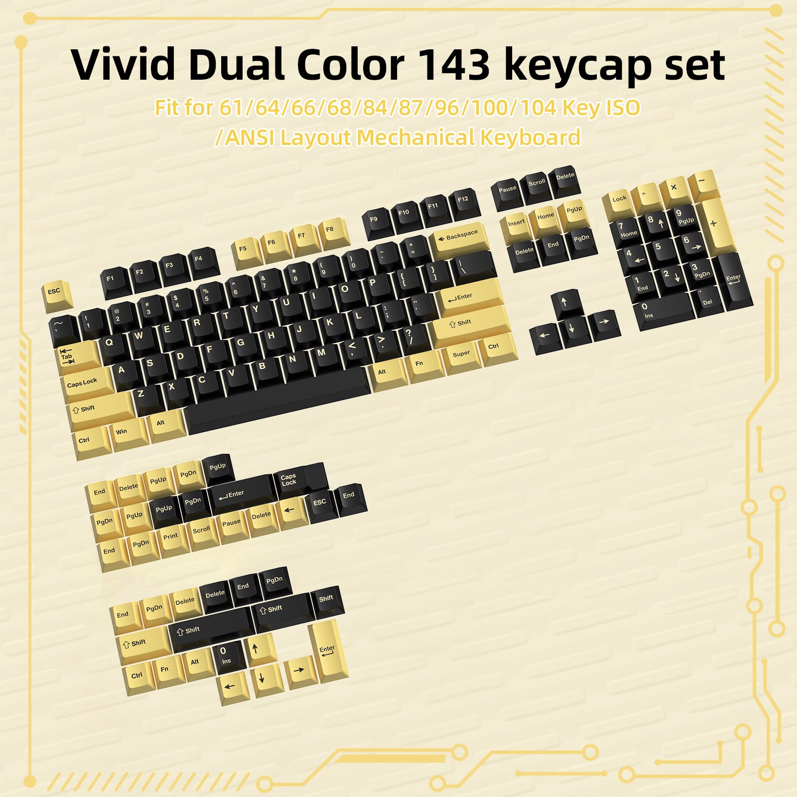 Black and gold 143-key PBT keycap set compatible with ANSI layouts for mechanical keyboards.