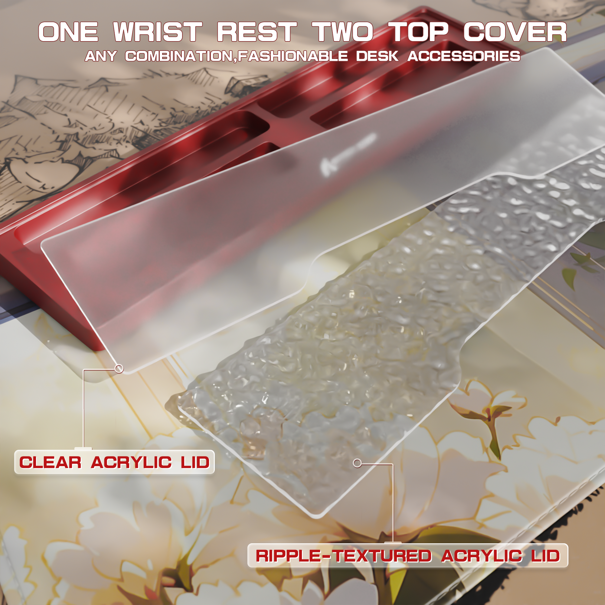 Attack Shark wrist rest with clear and ripple-textured acrylic lids for customization.