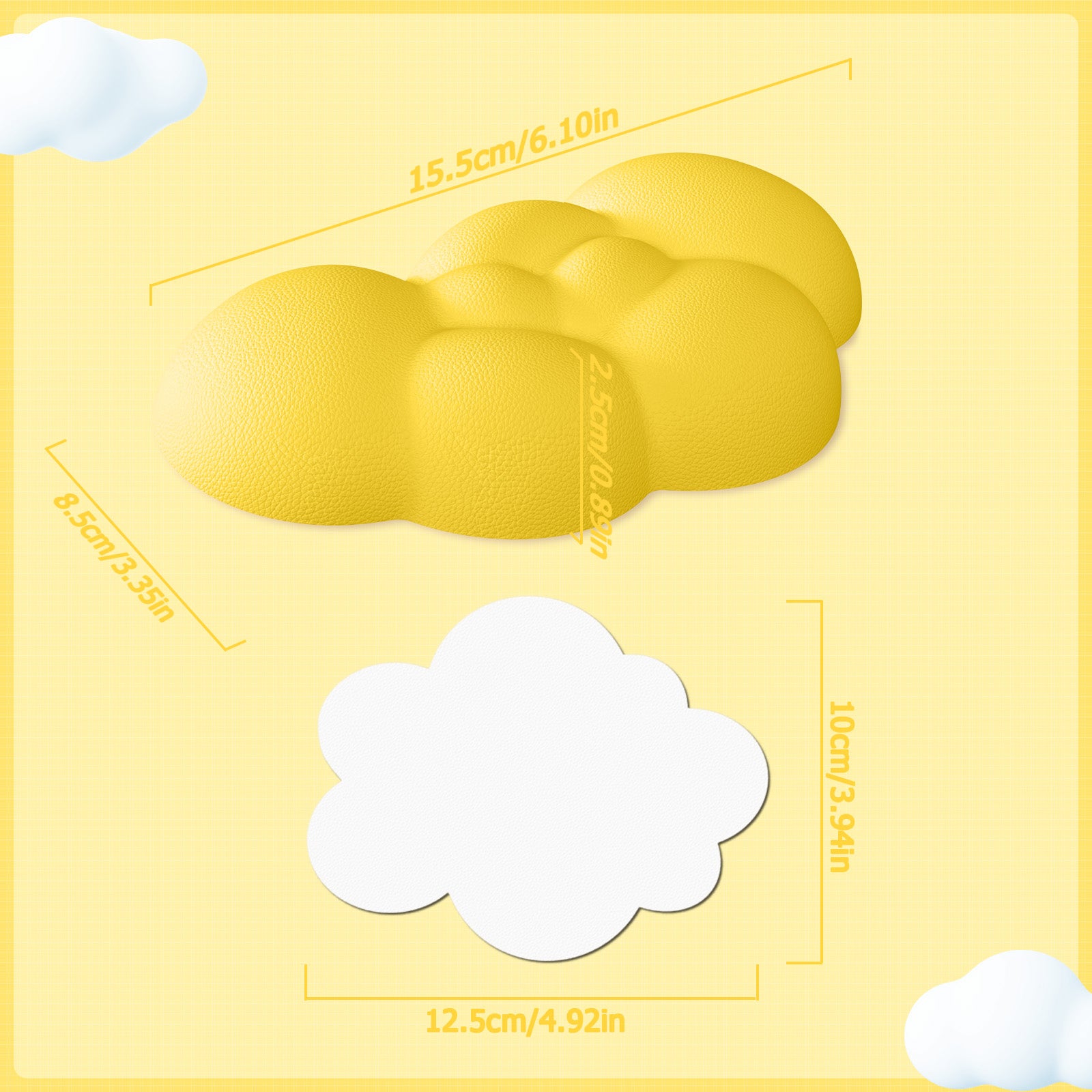 Yellow cloud wrist rest and white cloud coaster dimensions on a yellow background.