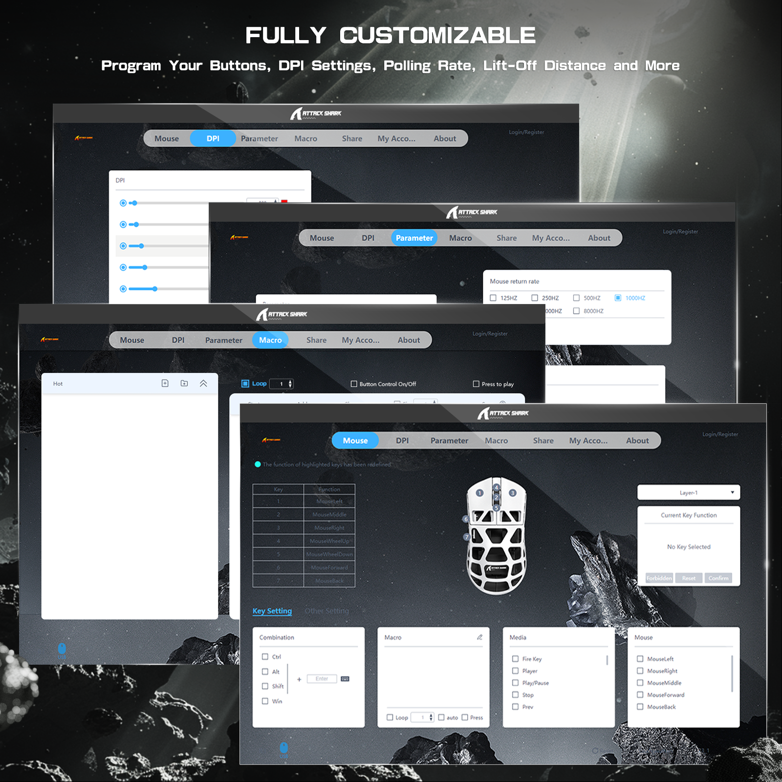 Attack Shark R3 gaming mouse customization software interface for button and DPI settings.