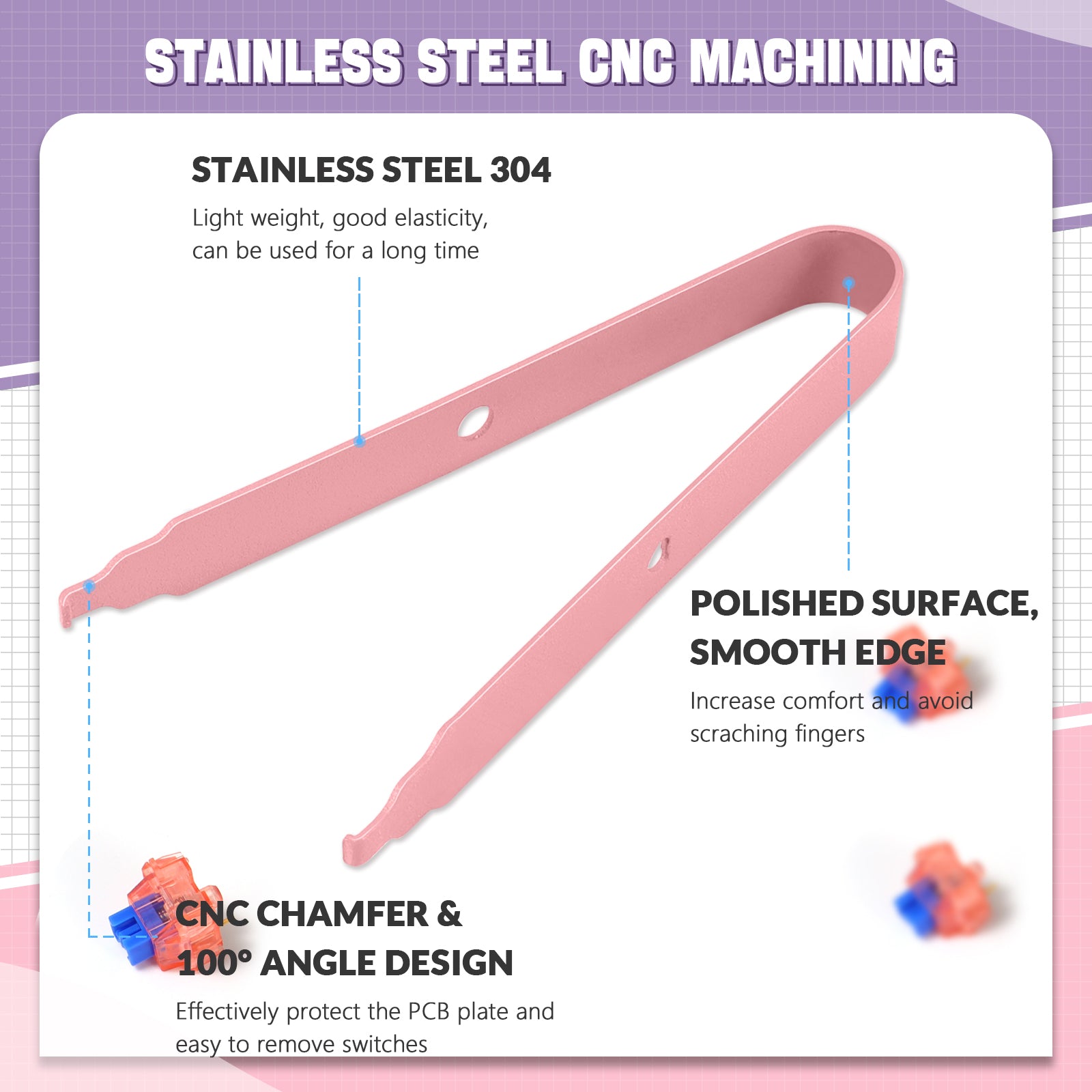 Pink stainless steel switch puller with polished surface for mechanical keyboard customization.