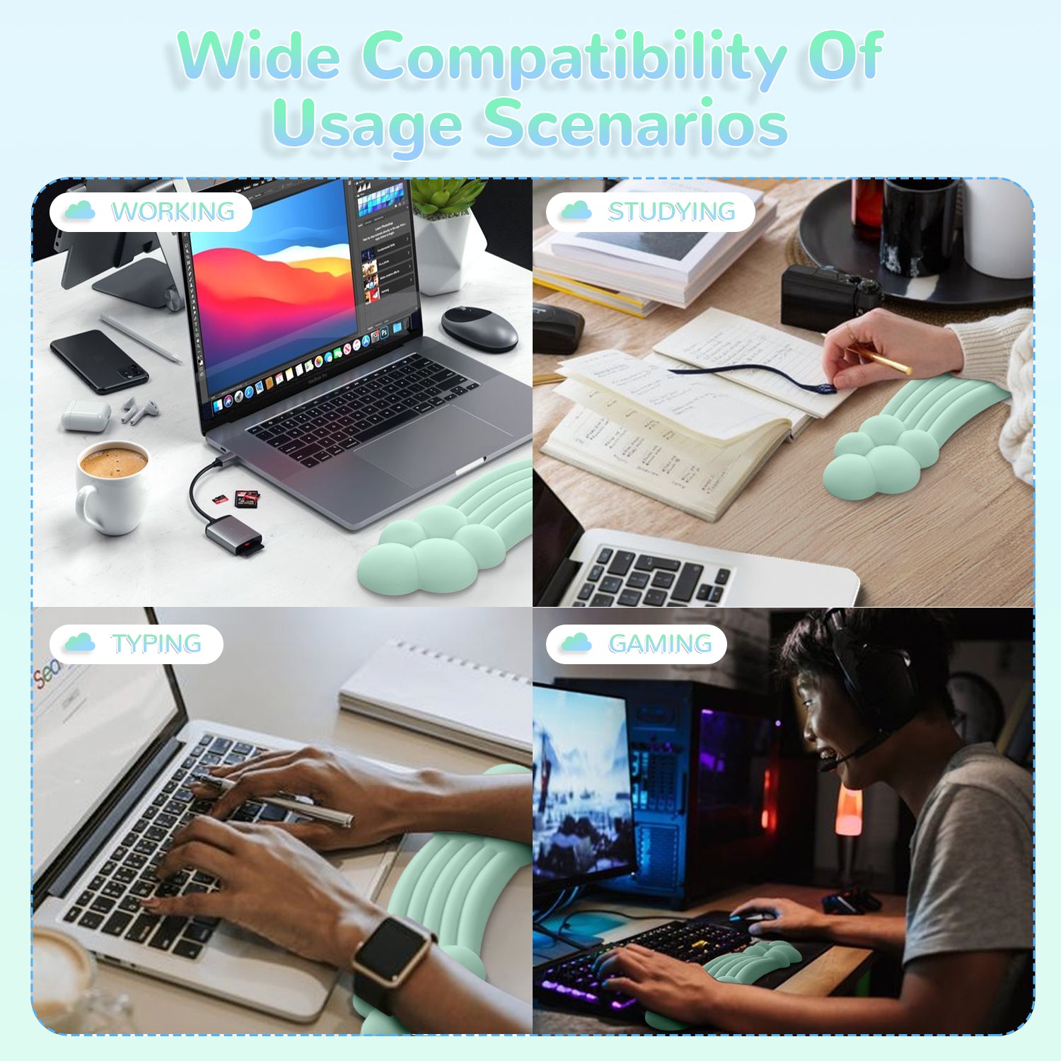 Wide compatibility of rainbow cloud wrist rest in working, studying, typing, and gaming setups.