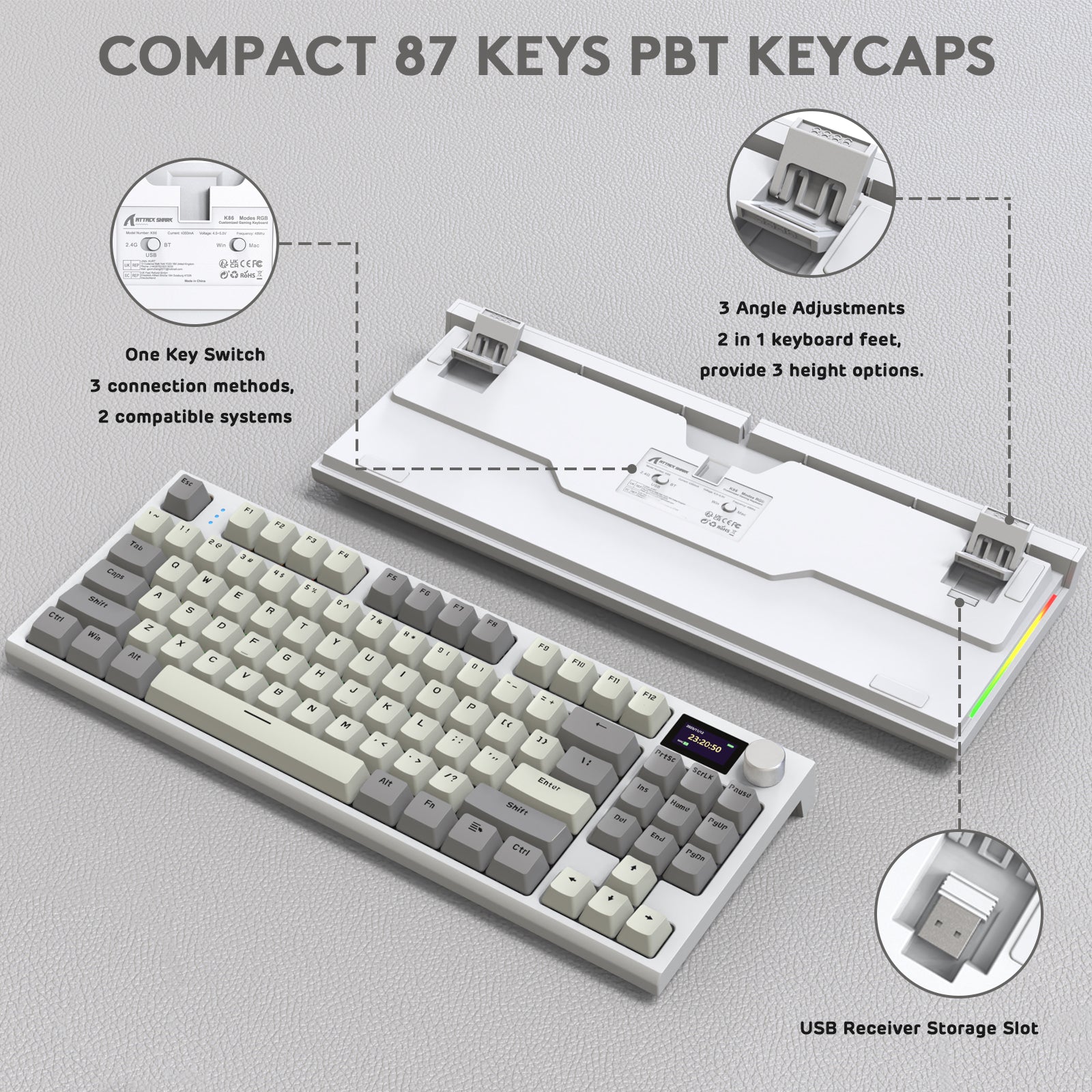 K86PRO mechanical keyboard with 87 keys, PBT keycaps, and adjustable height options