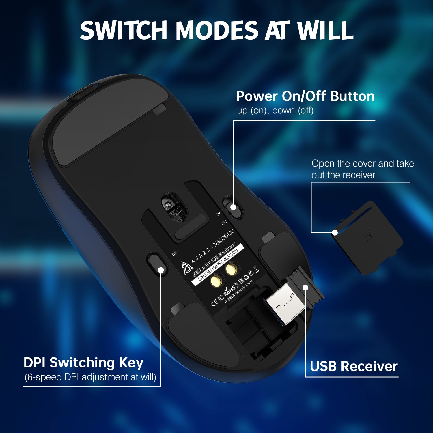 Bottom view of AJAZZ gaming mouse showing power button, DPI switch, and USB receiver.