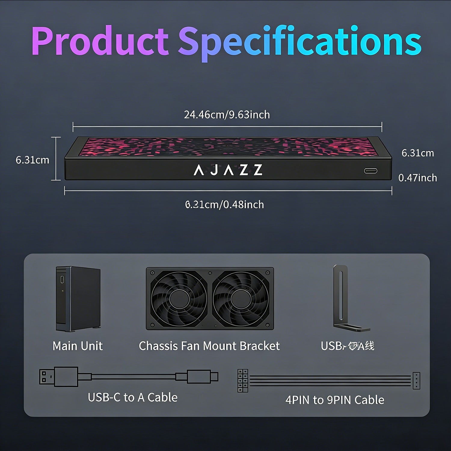 ATTACK SHARK x AJAZZ 9.2-inch monitor specs: dimensions, main unit, fan bracket, USB cables.