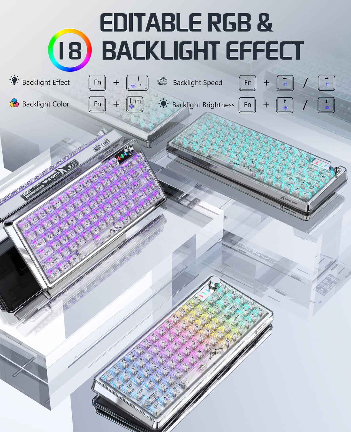 K75 Pro keyboard with 18 customizable RGB backlight effects and control options.