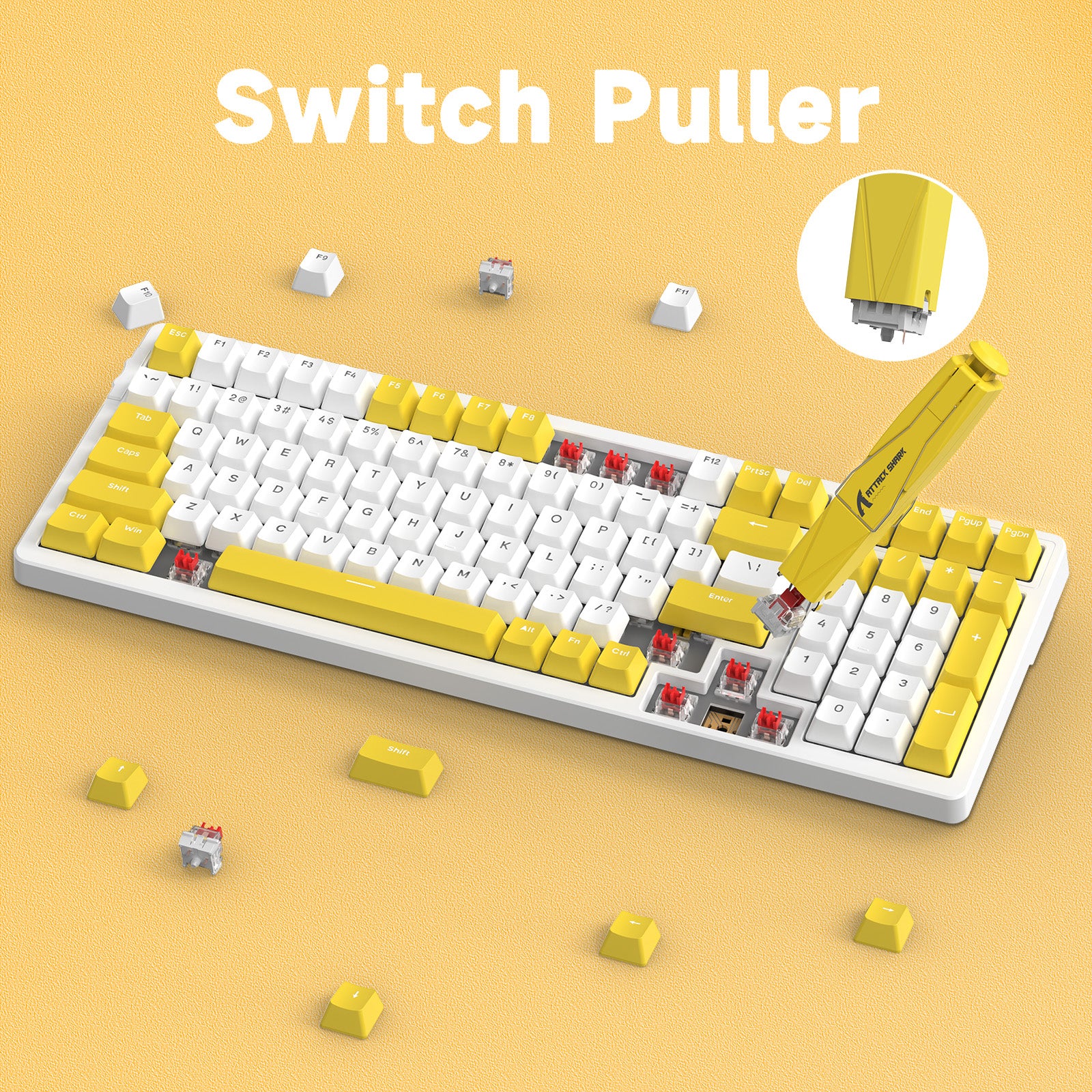 Yellow Attack Shark switch puller in action on mechanical keyboard with yellow keycaps.