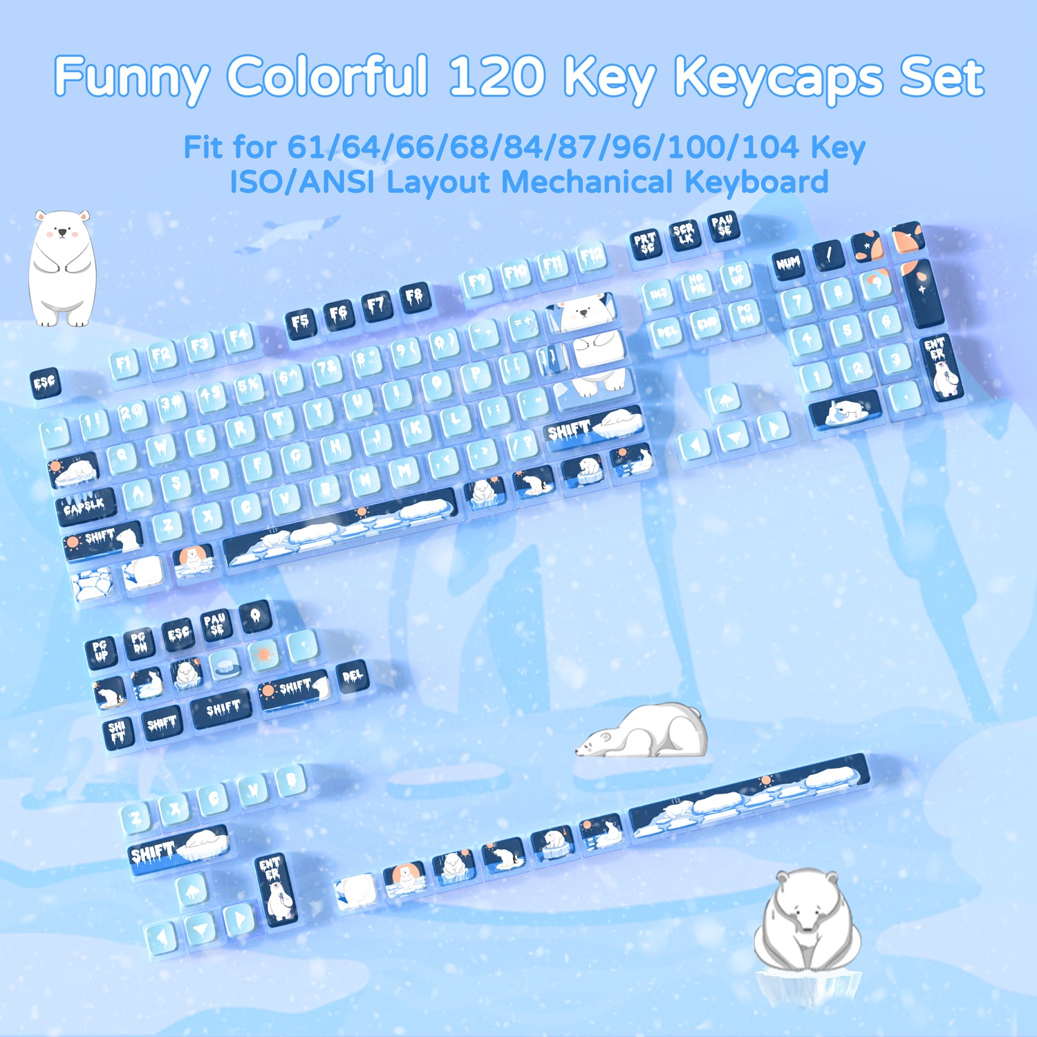 Colorful 120 key keycaps set with polar bear designs for mechanical keyboards