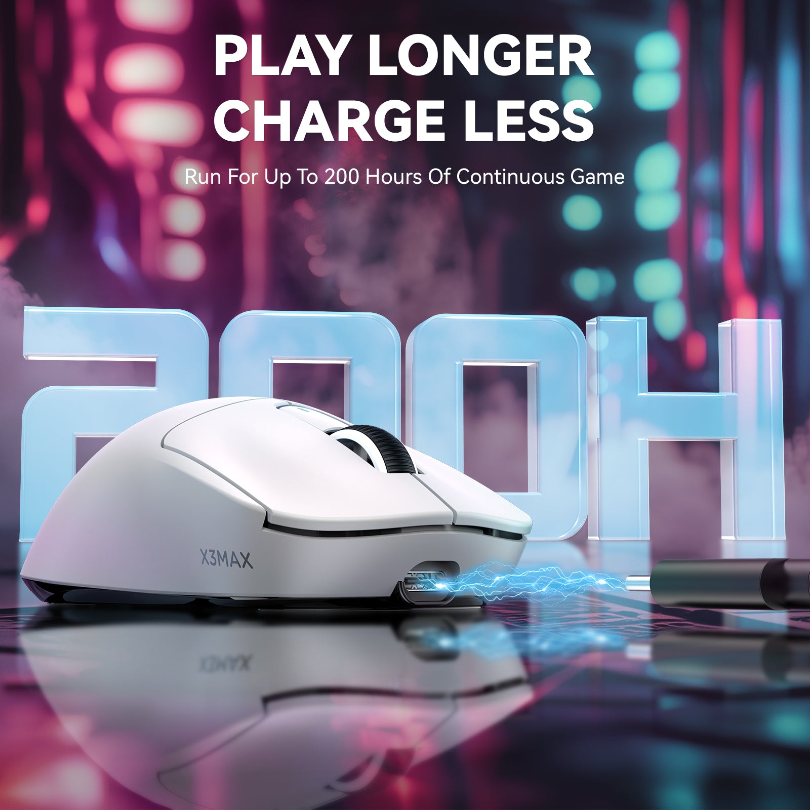 X3MAX wireless gaming mouse highlighting 200H battery life with sleek design.