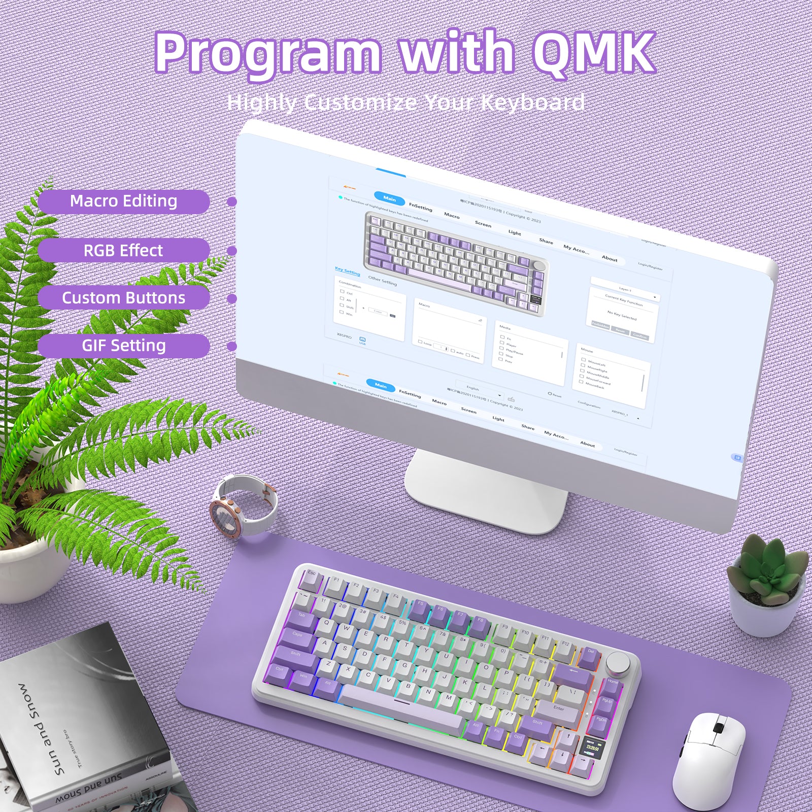 ATTACK SHARK X85PRO keyboard with QMK software interface highlighting customization options.