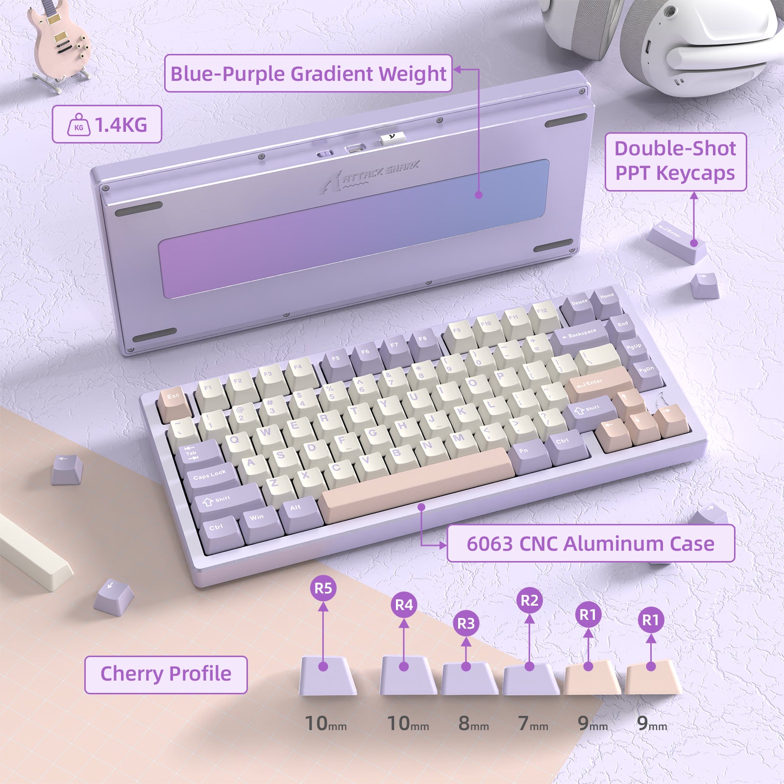 ATTACK SHARK X75 keyboard with blue-purple gradient weight and pastel double-shot keycaps.