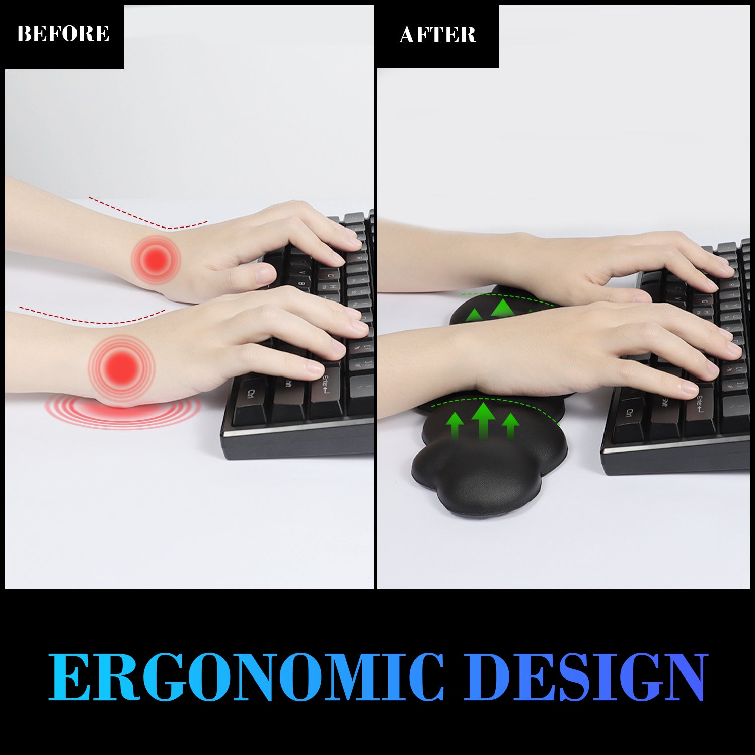 Comparative before and after use of cloud-shaped ergonomic wrist rest.