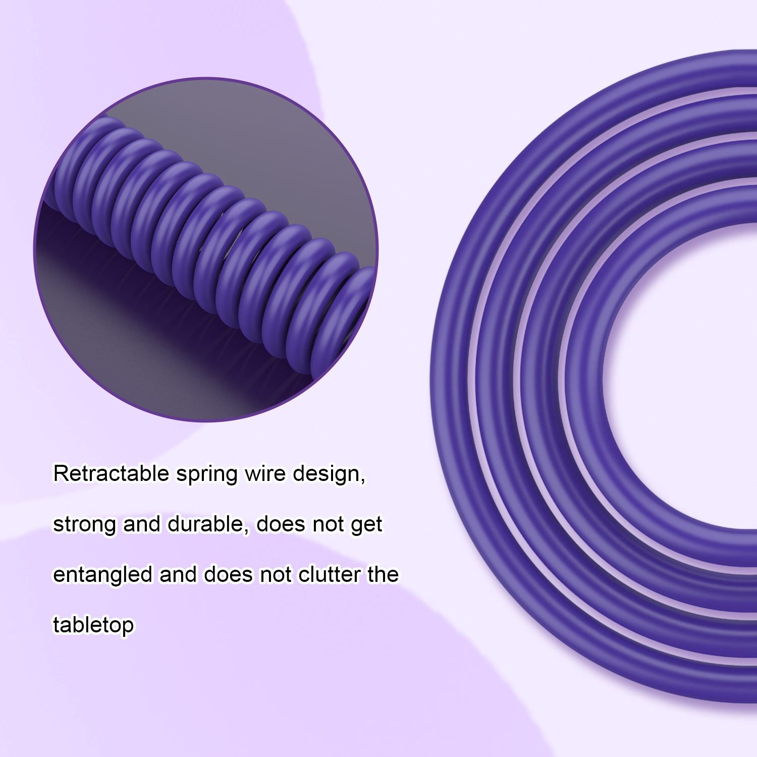 Purple coiled USB-C cable with retractable spring design to prevent tangling.