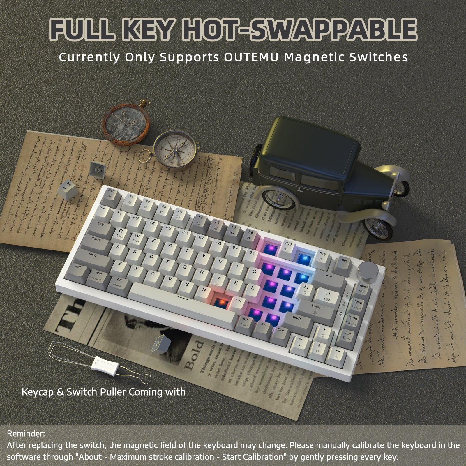 K85 keyboard with hot-swappable keys, vintage car model, calibration reminder text included.