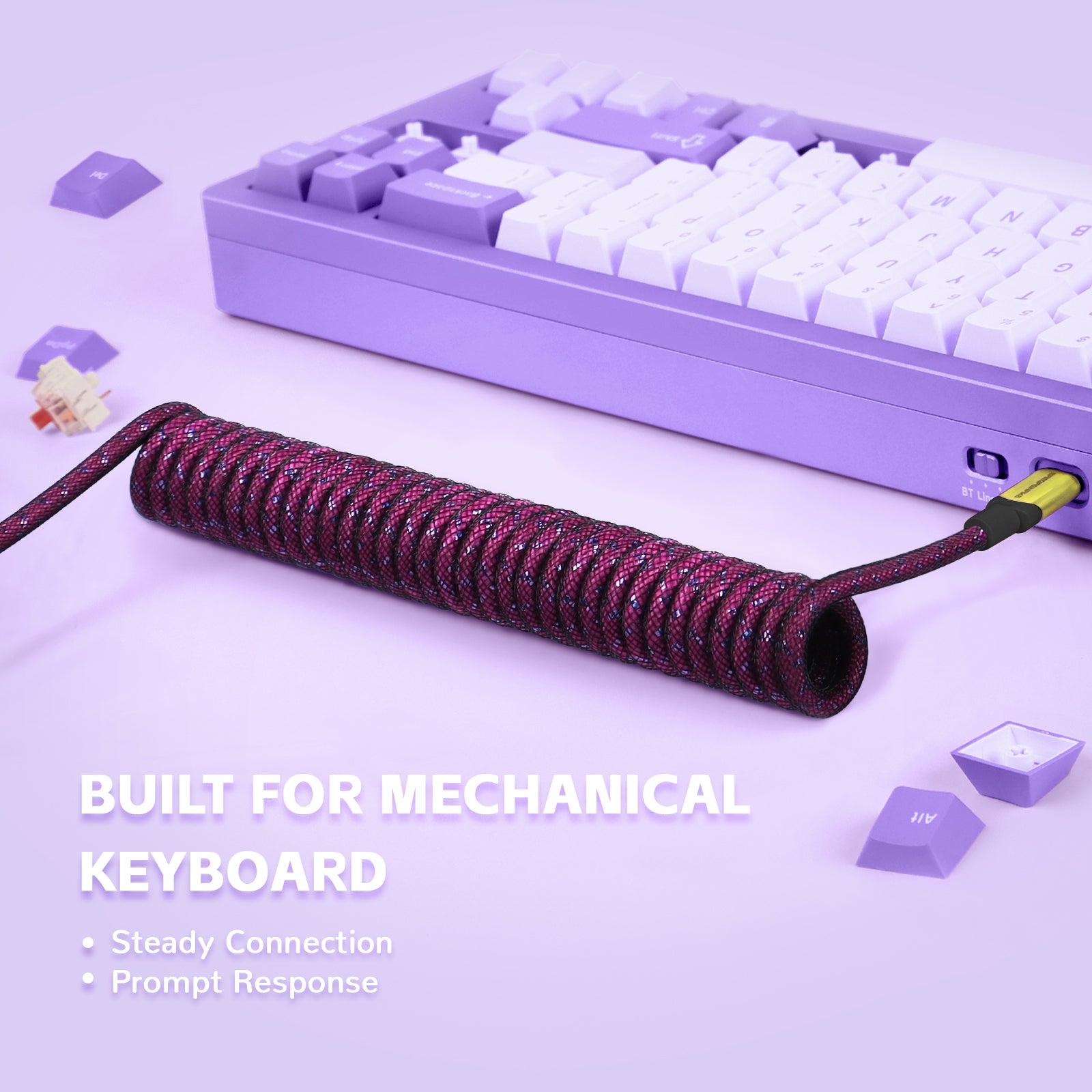 Purple C03 coiled USB-C keyboard cable with textured mesh, built for mechanical keyboards