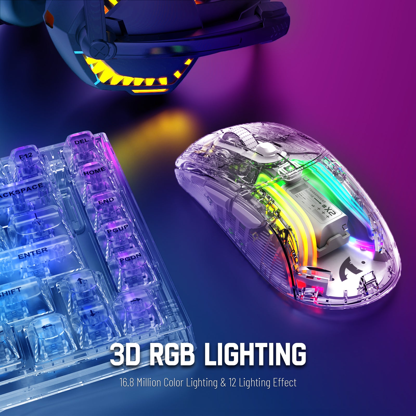 Attack Shark X2 gaming mouse with vibrant 3D RGB lighting and transparent shell design.