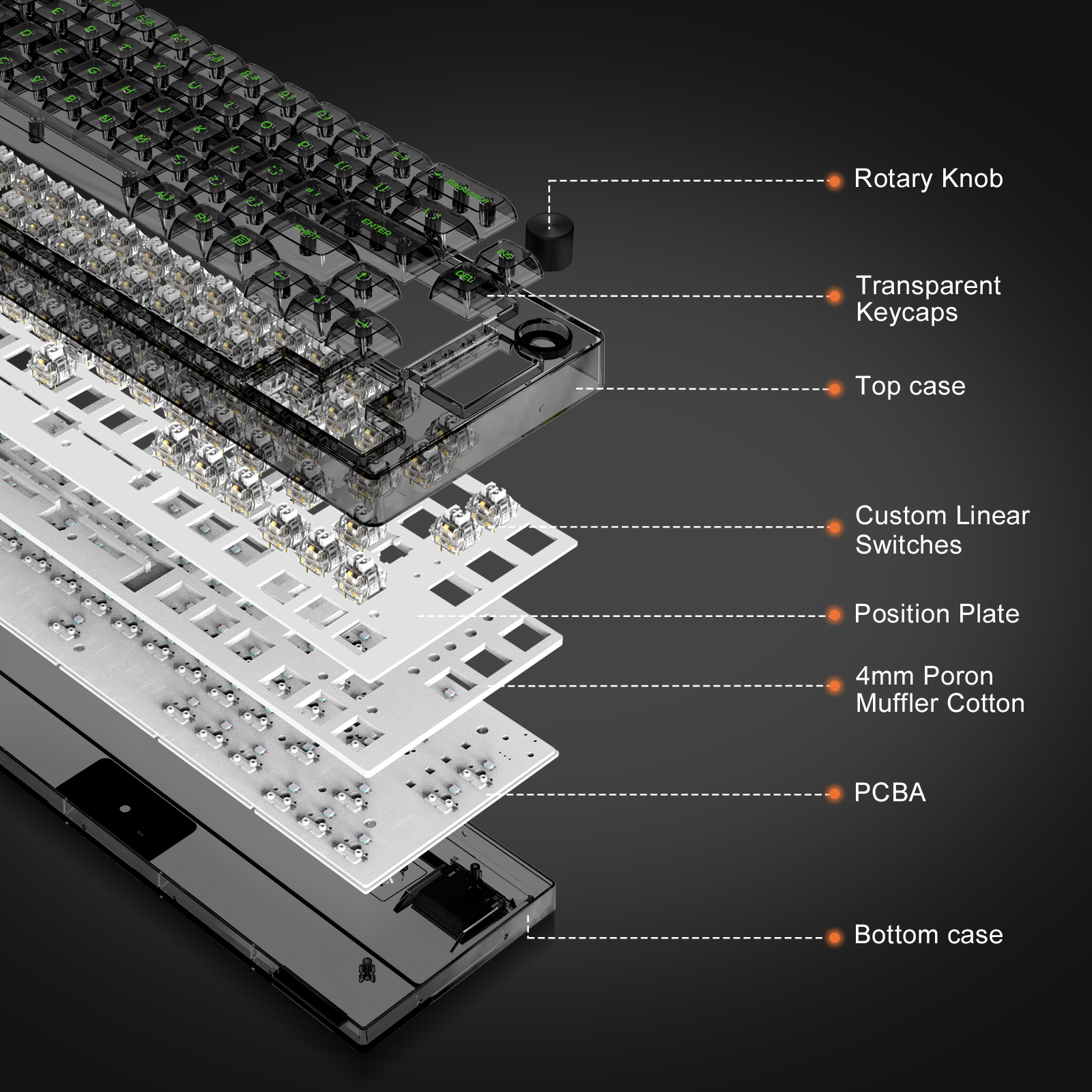 Exploded view of MK31 gaming keyboard showcasing internal components and design features.