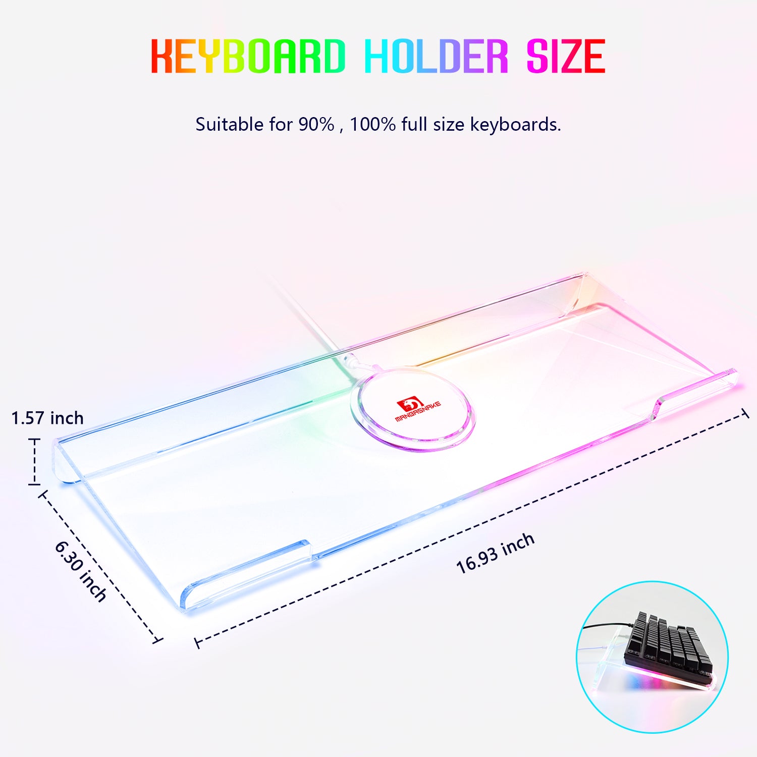 Dimensions of ergonomic RGB keyboard holder: 16.93x6.30 inches for full-size keyboards.