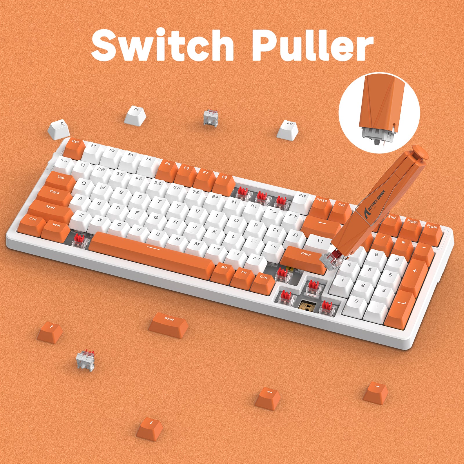 Attack Shark switch puller in action on a mechanical keyboard with orange keycaps.