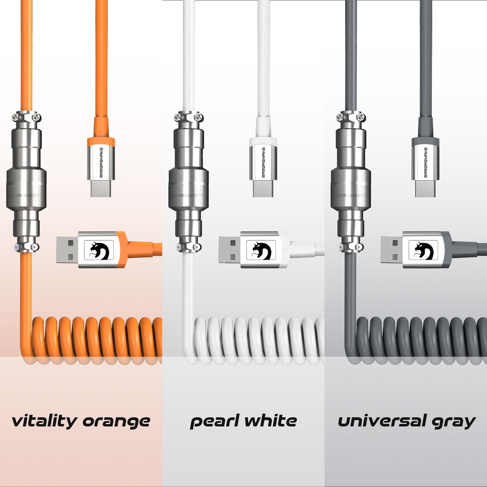 Attack Shark C04 coiled USB cables in Vitality Orange, Pearl White, and Universal Gray.