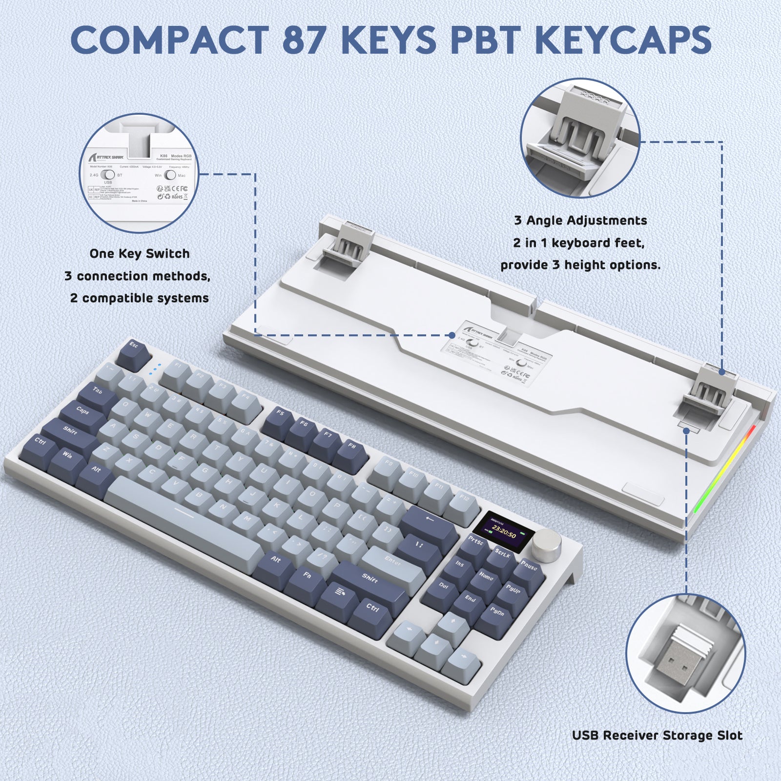 K86PRO wireless mechanical keyboard with PBT keycaps and USB receiver storage