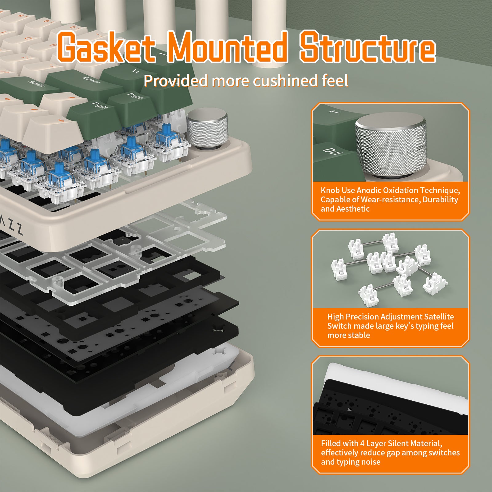 Gasket mounted structure of AKS068 Alice Keyboard with cushioned layers and adjustments.