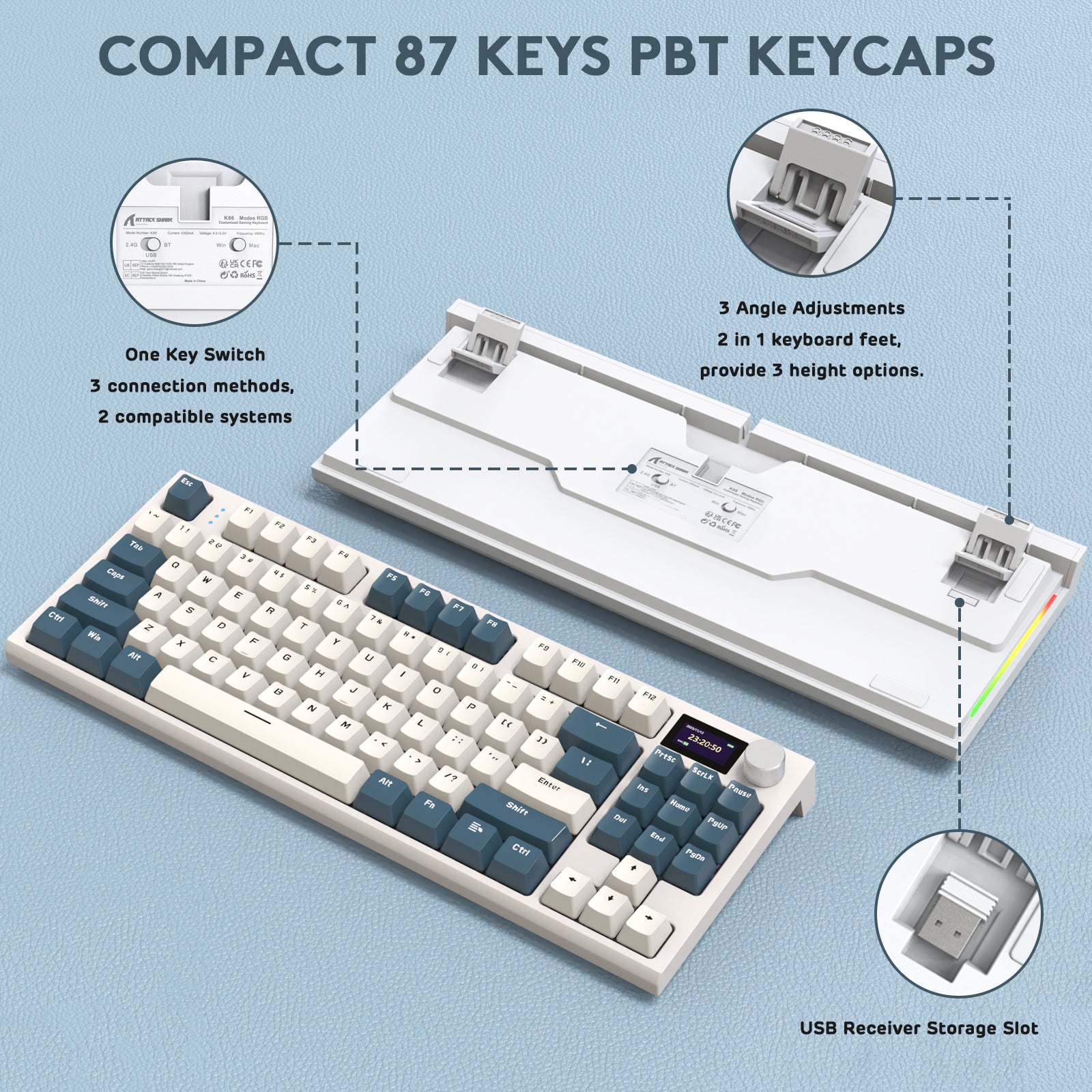 Compact 87-key keyboard with PBT keycaps, height adjustments, and USB receiver storage.