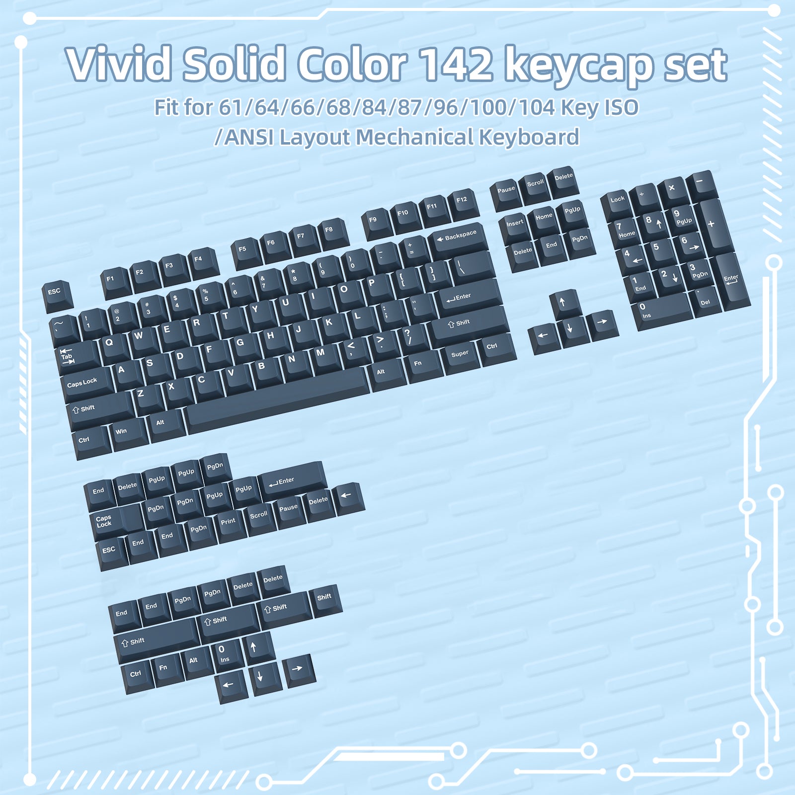 142 keycap set in vivid solid colors for ANSI layout mechanical keyboards.