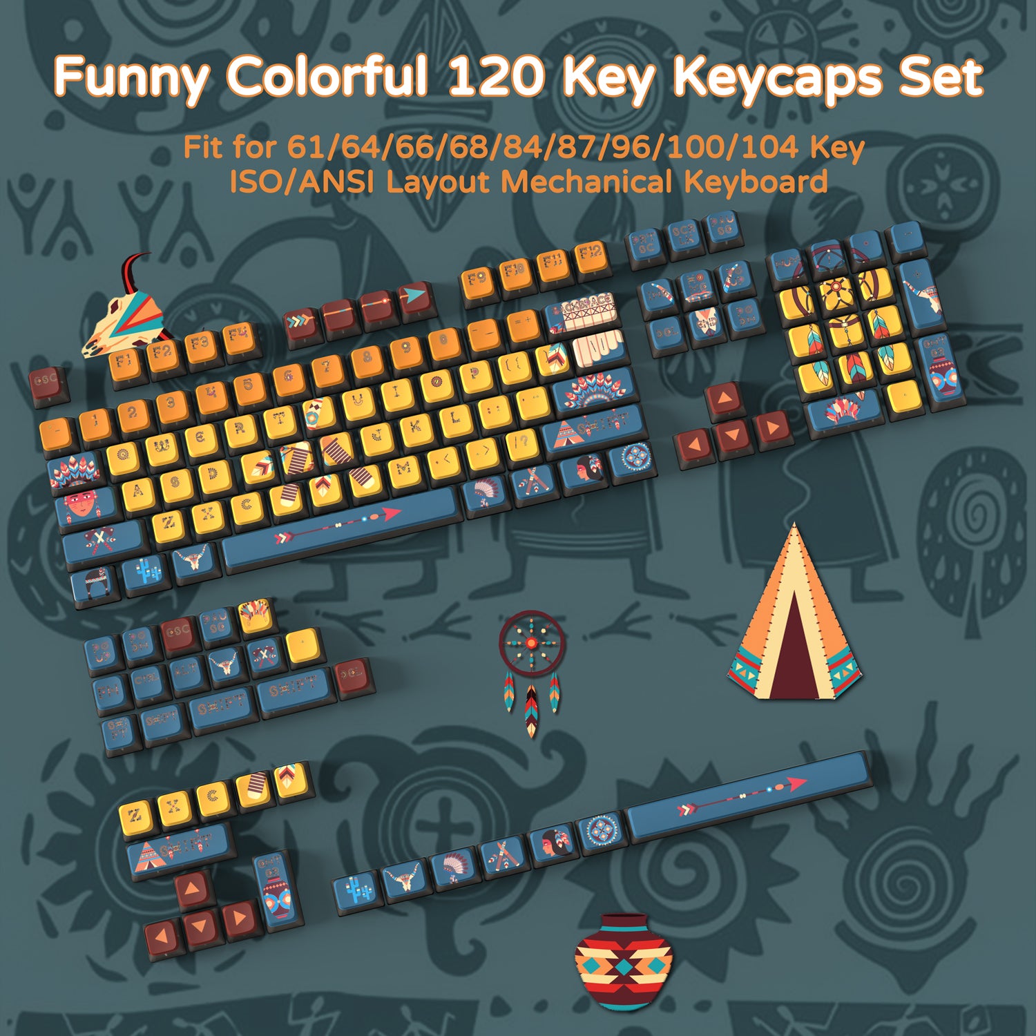 Funny colorful 120 key keycaps set for mechanical keyboards, featuring playful designs.