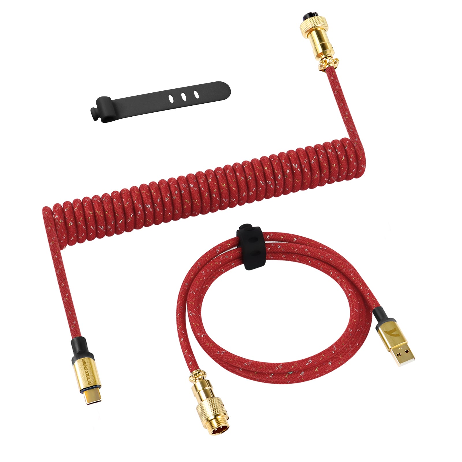 Red coiled USB-C keyboard cable with gold connectors and tangle-free design.