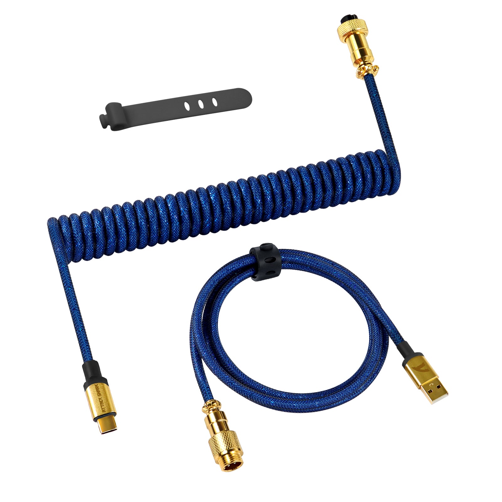 C03 USB-C coiled keyboard cable in blue with gold connectors and detachable design.